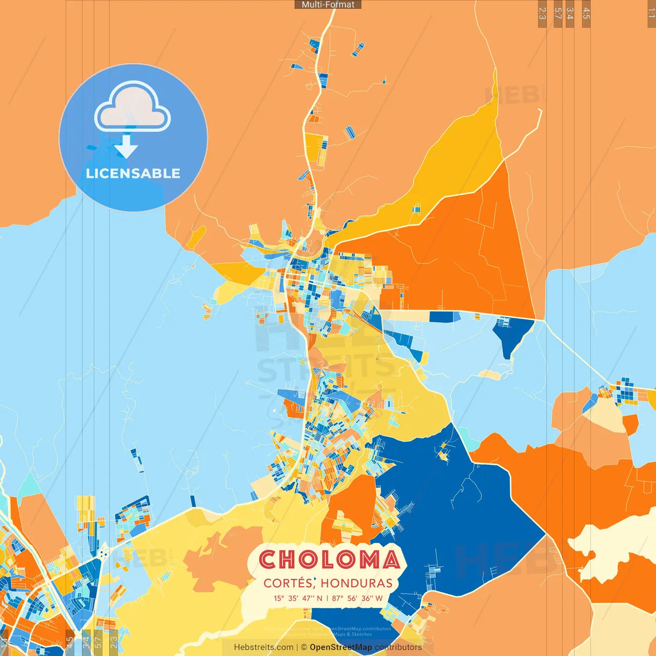 Choloma, Cortés, Honduras blue and orange vector art map template