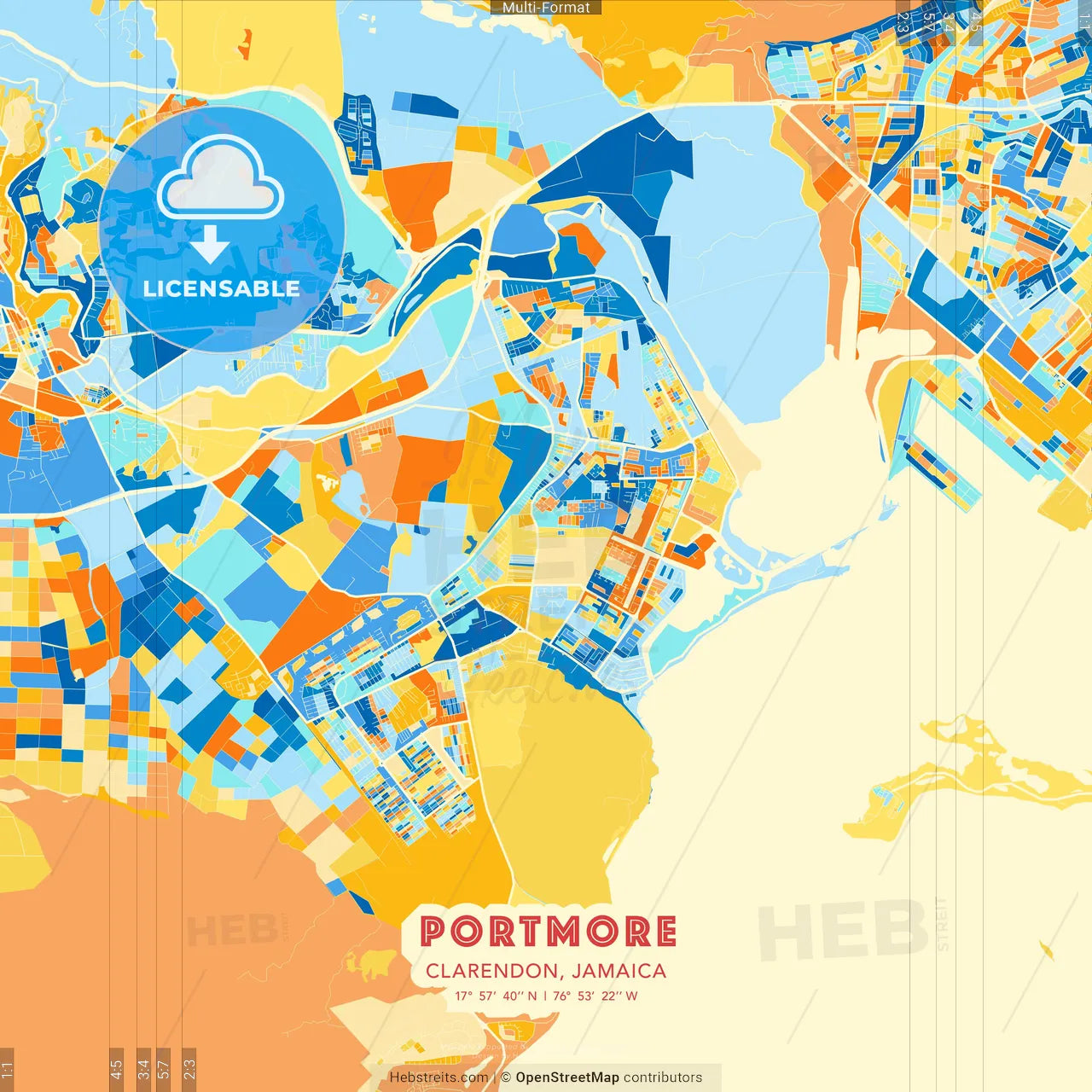 Portmore, Clarendon, Jamaica blue and orange vector art map template