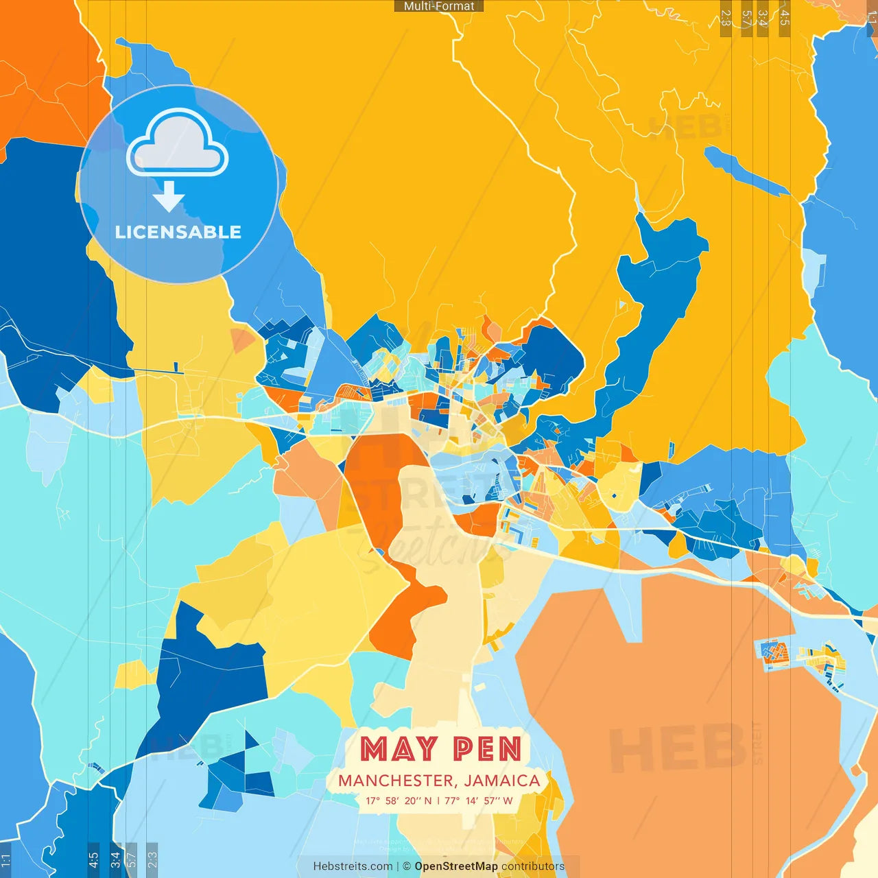 May Pen, Manchester, Jamaica blue and orange vector art map template
