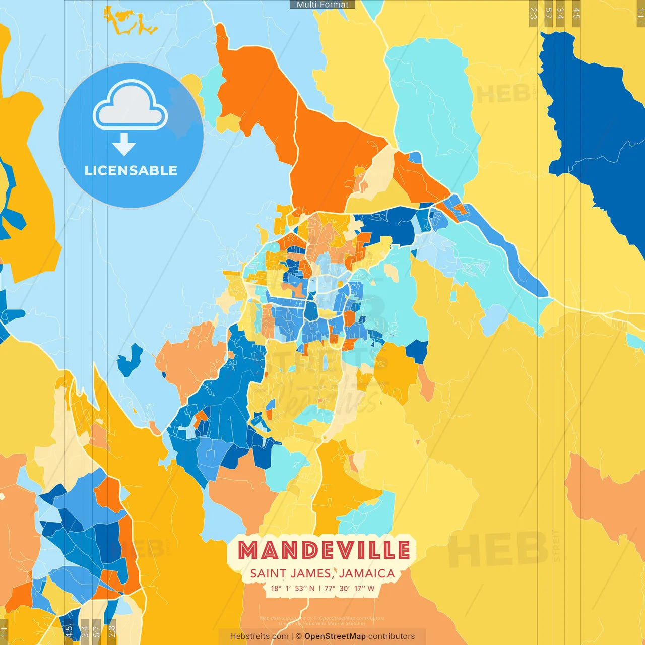 Mandeville, Saint James, Jamaica blue and orange vector art map template