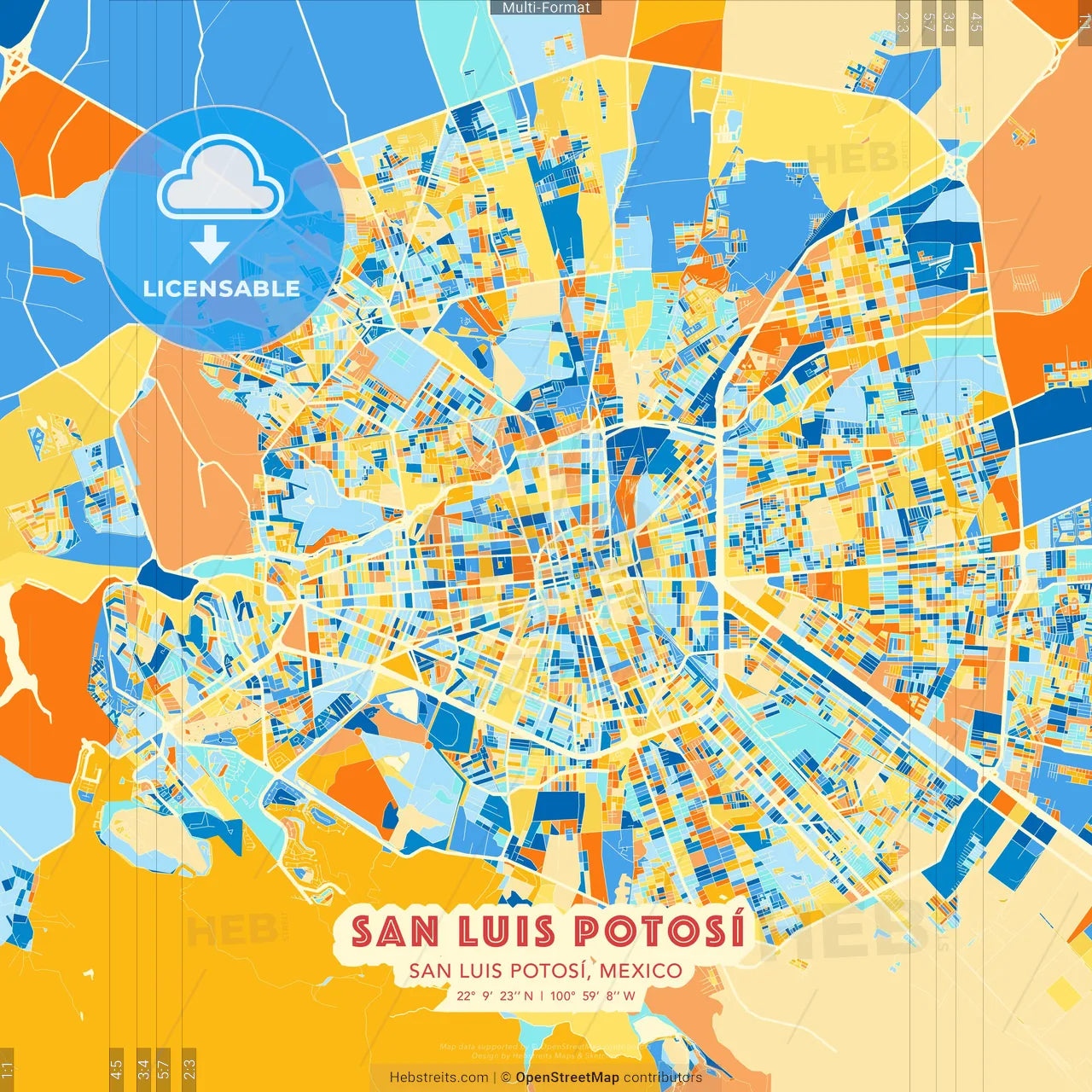 San Luis Potosí, San Luis Potosí, Mexico blue and orange vector art map template