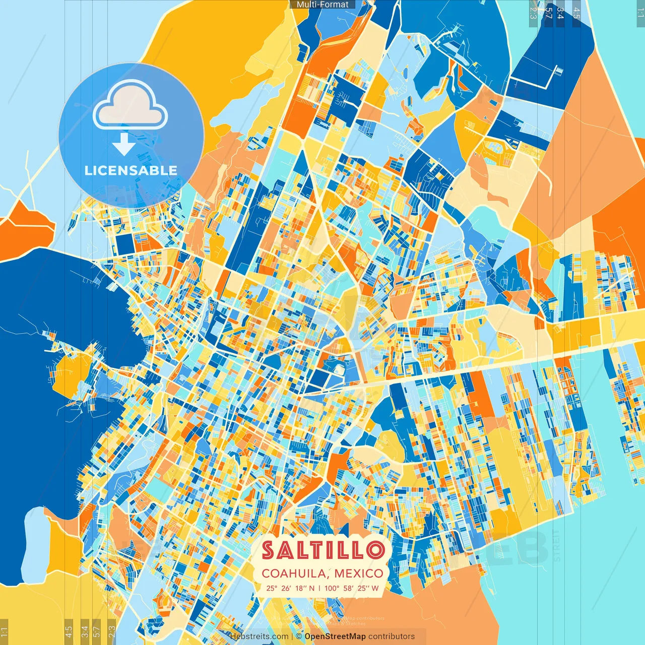 Saltillo, Coahuila, Mexico blue and orange vector art map template