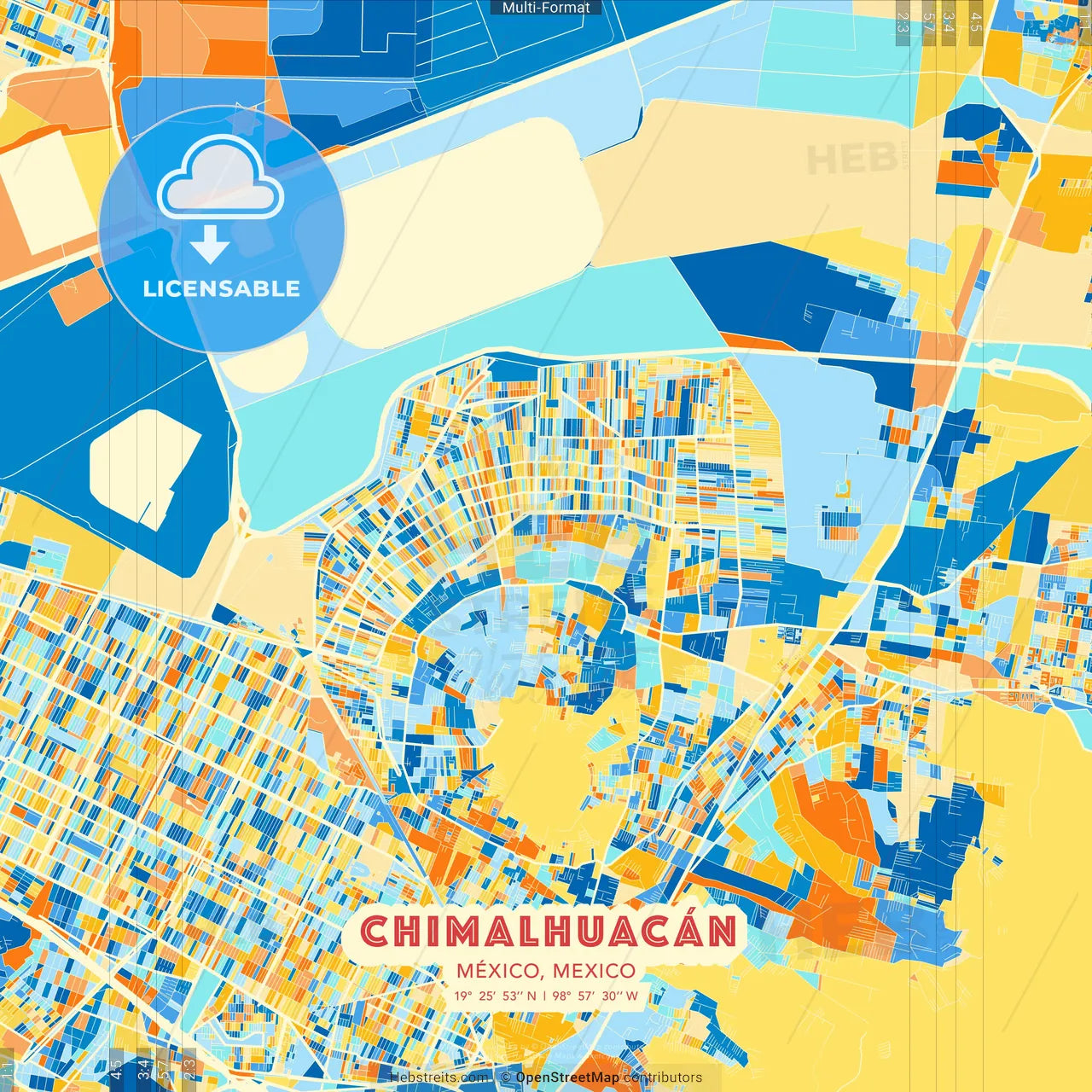 Chimalhuacán, México, Mexico blue and orange vector art map template