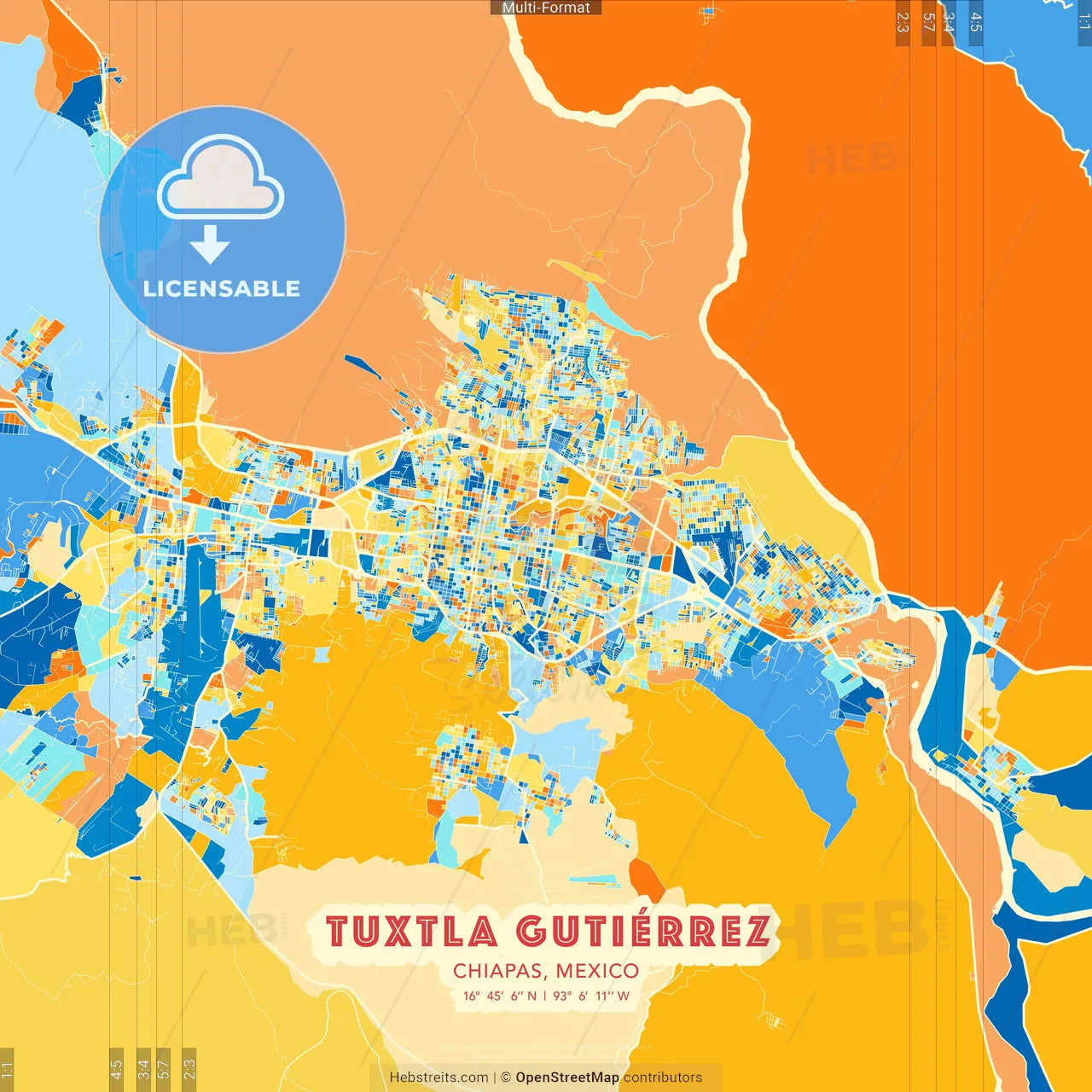 Tuxtla Gutiérrez, Chiapas, Mexico blue and orange vector art map template