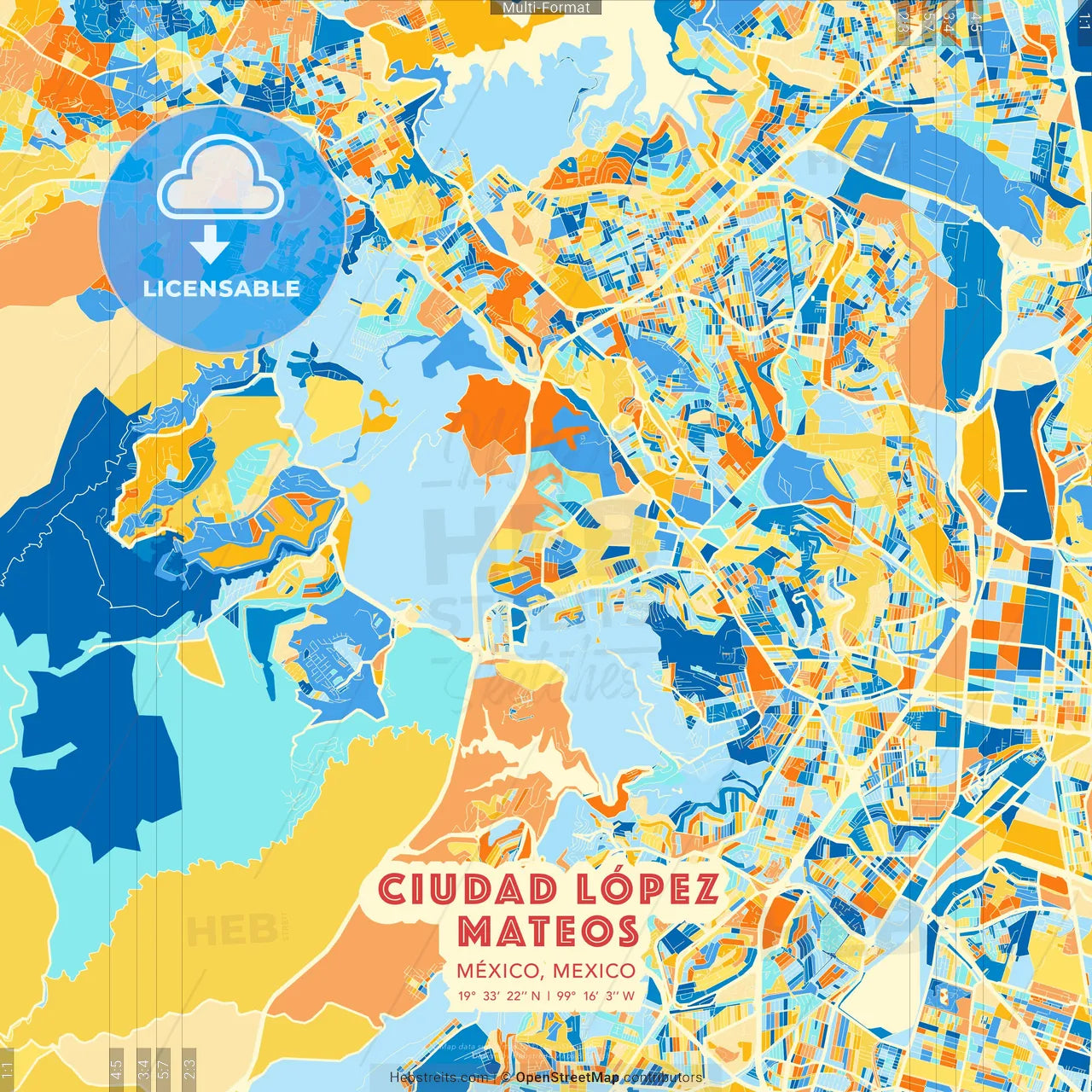 Ciudad López Mateos, México, Mexico blue and orange vector art map template