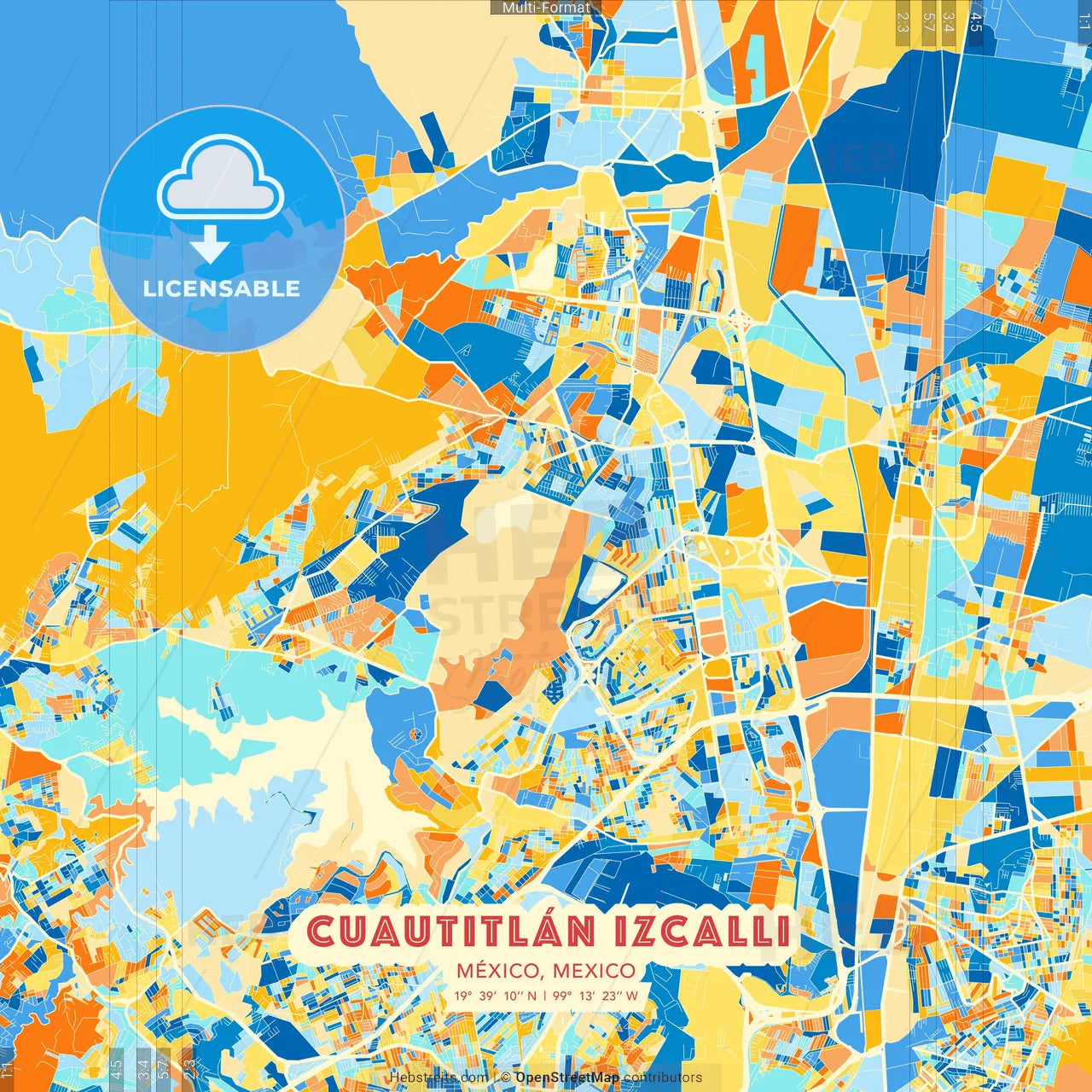 Cuautitlán Izcalli, México, Mexico blue and orange vector art map template