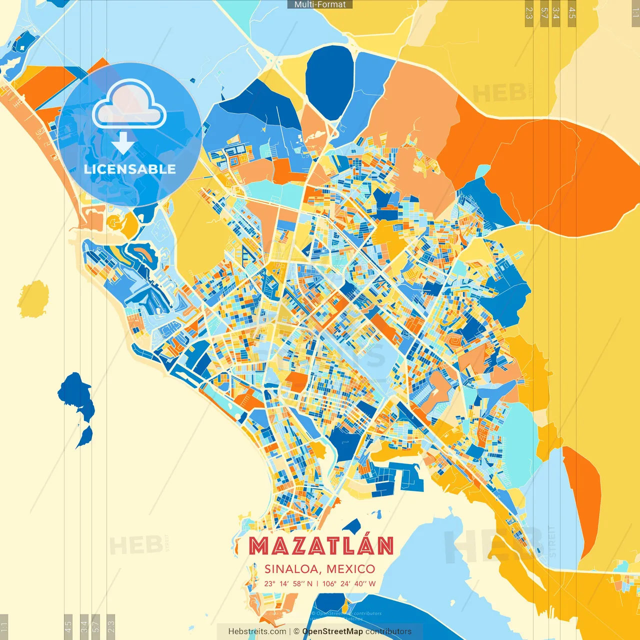 Mazatlán, Sinaloa, Mexico blue and orange vector art map template
