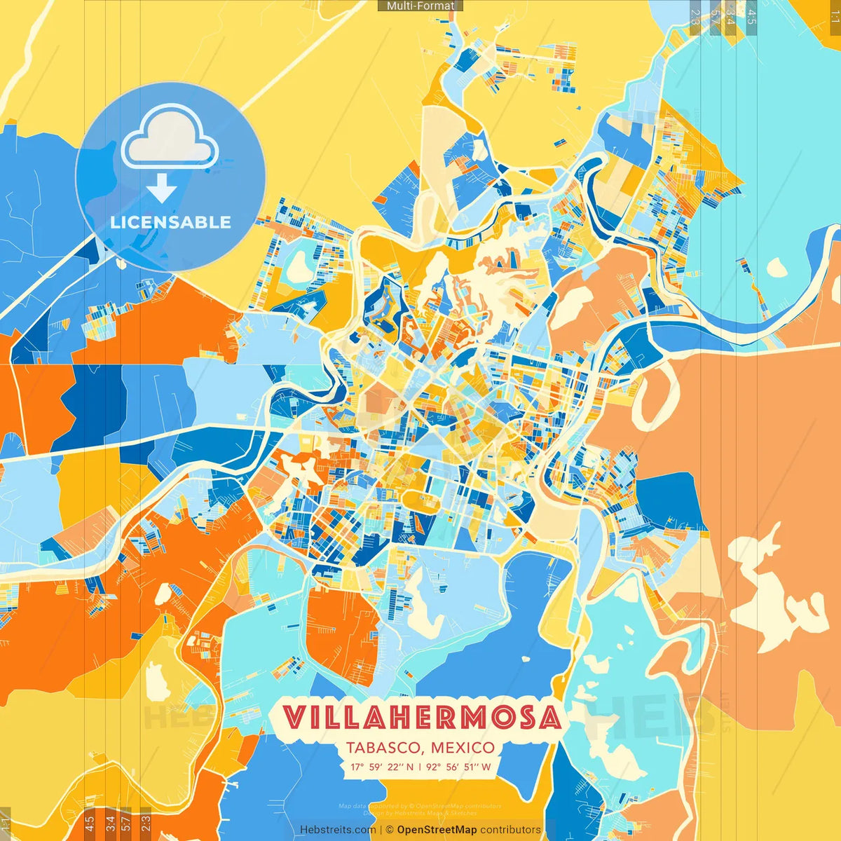 Villahermosa, Tabasco, Mexico blue and orange vector art map template