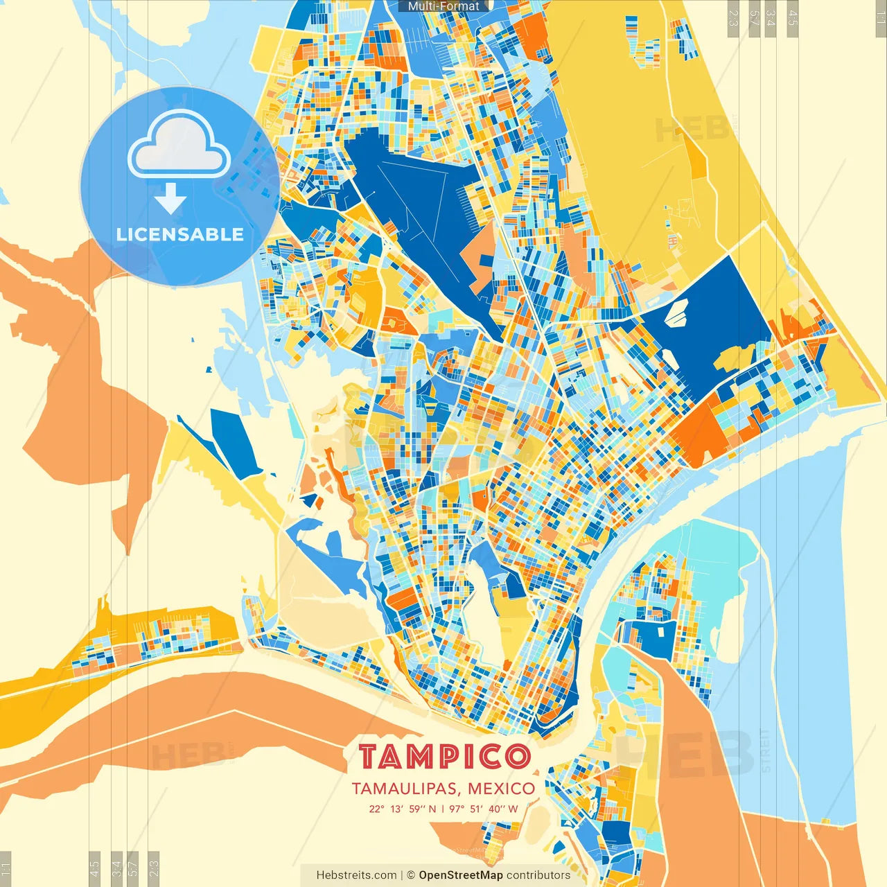 Tampico, Tamaulipas, Mexico blue and orange vector art map template