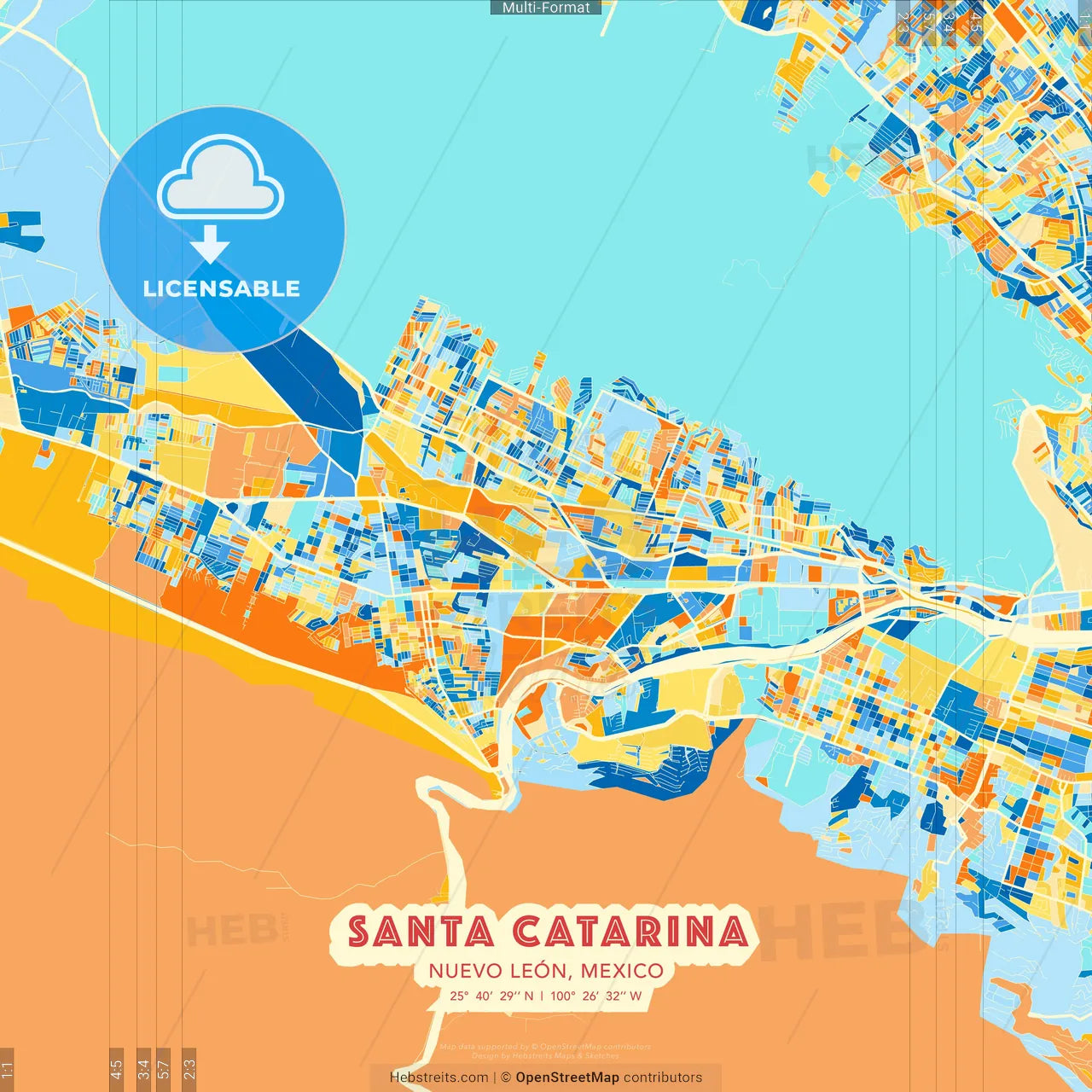 Santa Catarina, Nuevo León, Mexico blue and orange vector art map template