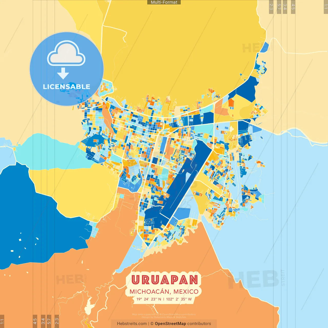 Uruapan, Michoacán, Mexico blue and orange vector art map template