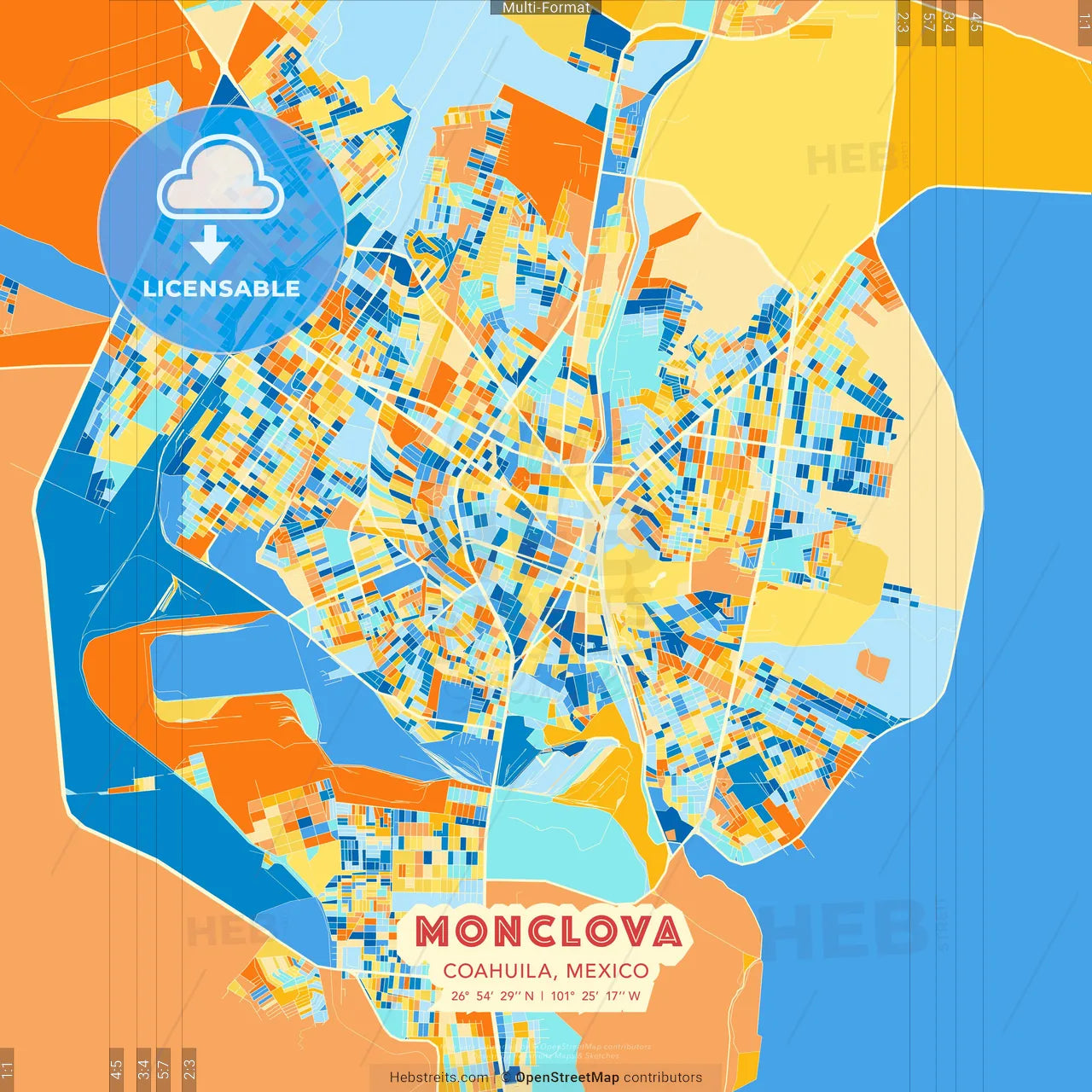 Monclova, Coahuila, Mexico blue and orange vector art map template