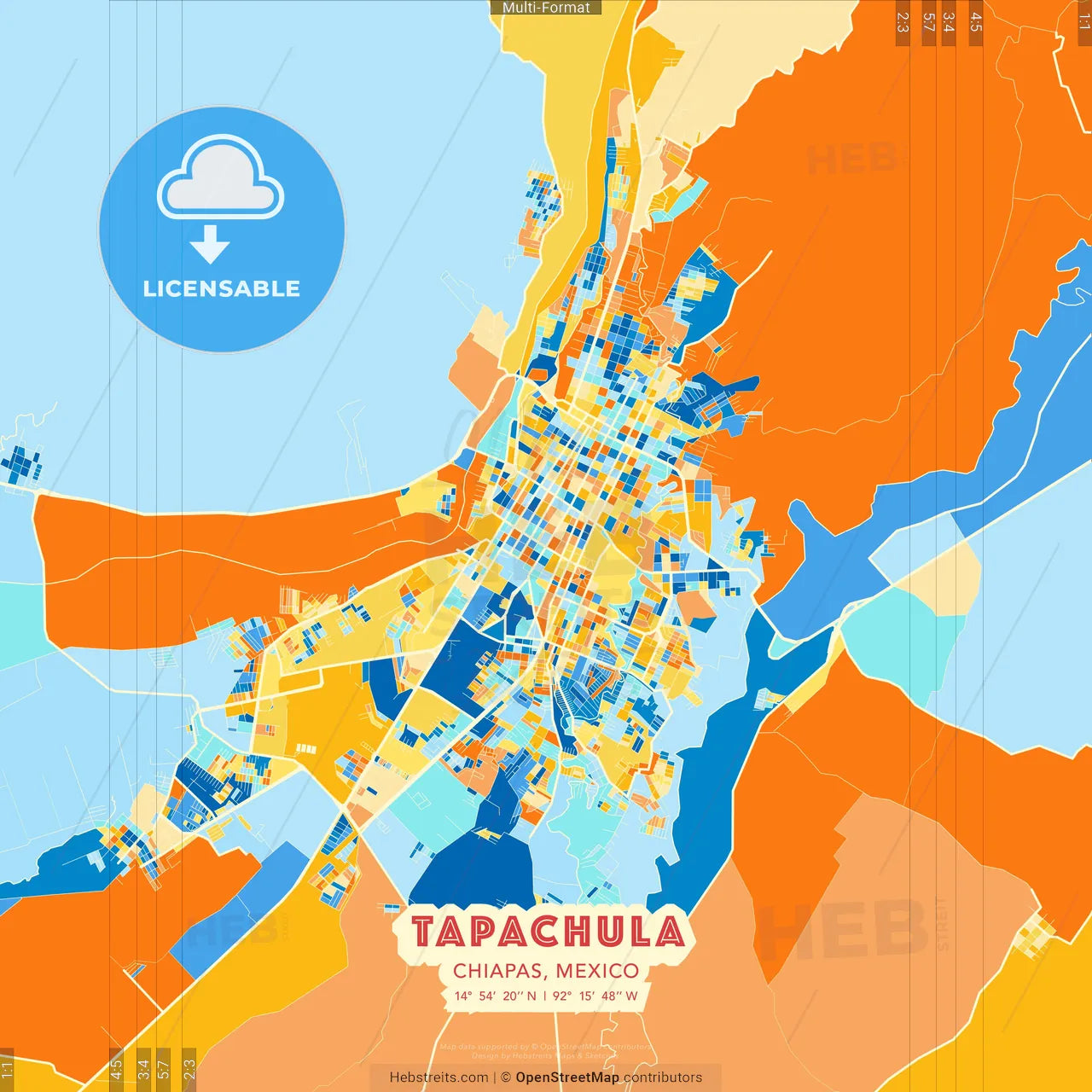 Tapachula, Chiapas, Mexico blue and orange vector art map template