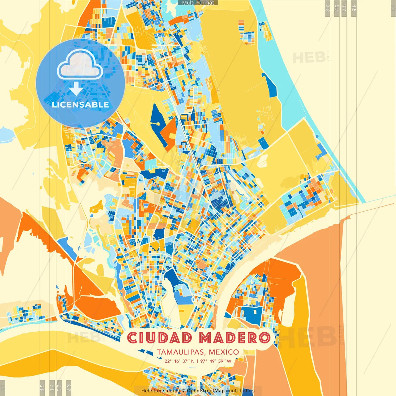 Ciudad Madero, Tamaulipas, Mexico blue and orange vector art map template