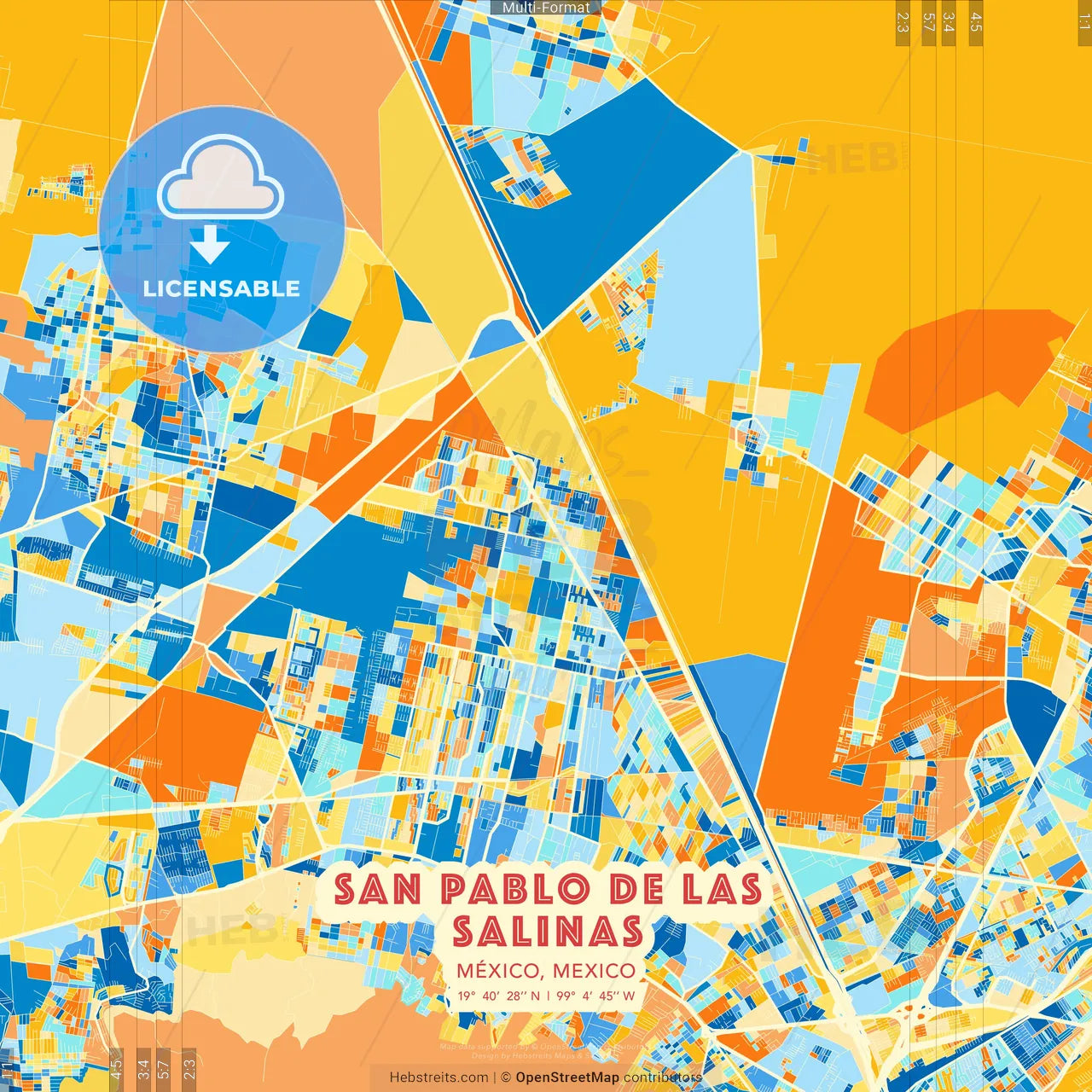 San Pablo de las Salinas, México, Mexico blue and orange vector art map template