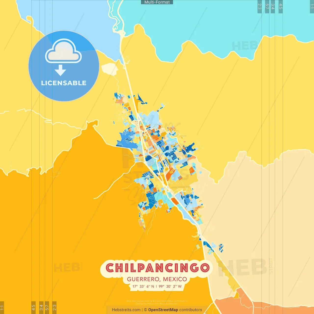 Chilpancingo, Guerrero, Mexico blue and orange vector art map template