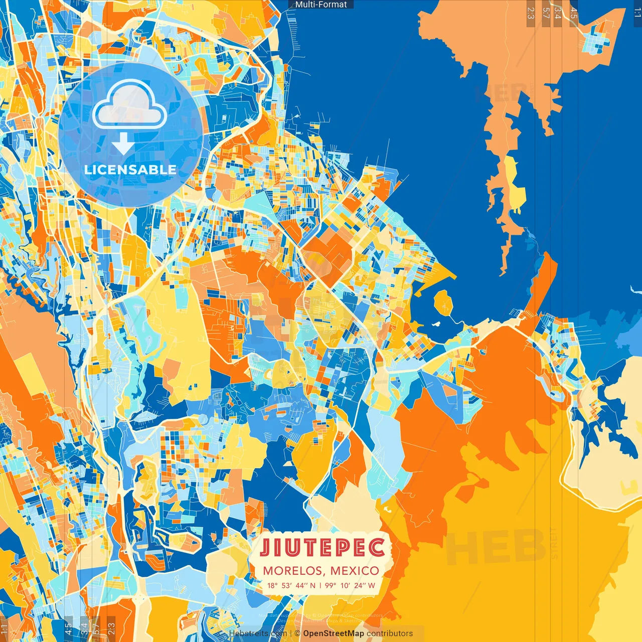 Jiutepec, Morelos, Mexico blue and orange vector art map template