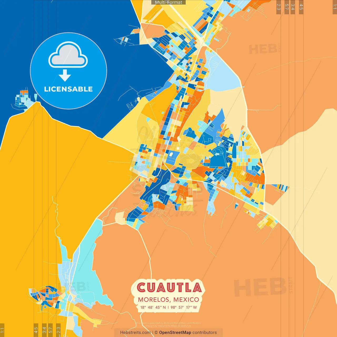 Cuautla, Morelos, Mexico blue and orange vector art map template