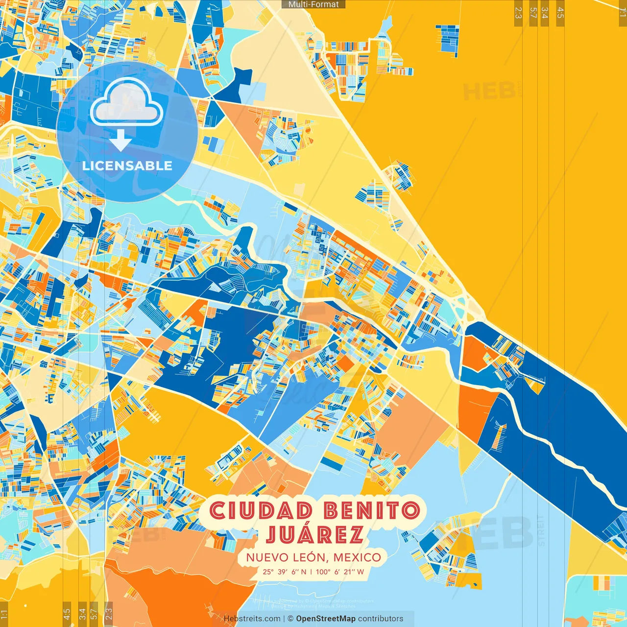 Ciudad Benito Juárez, Nuevo León, Mexico blue and orange vector art map template