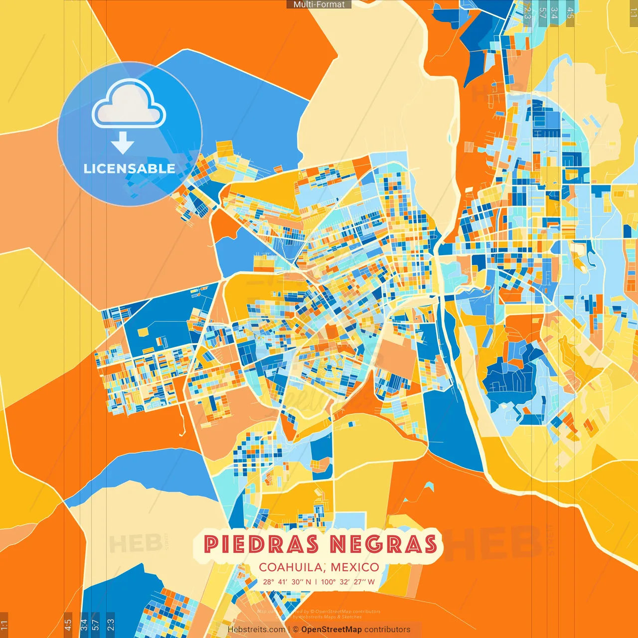 Piedras Negras, Coahuila, Mexico blue and orange vector art map template