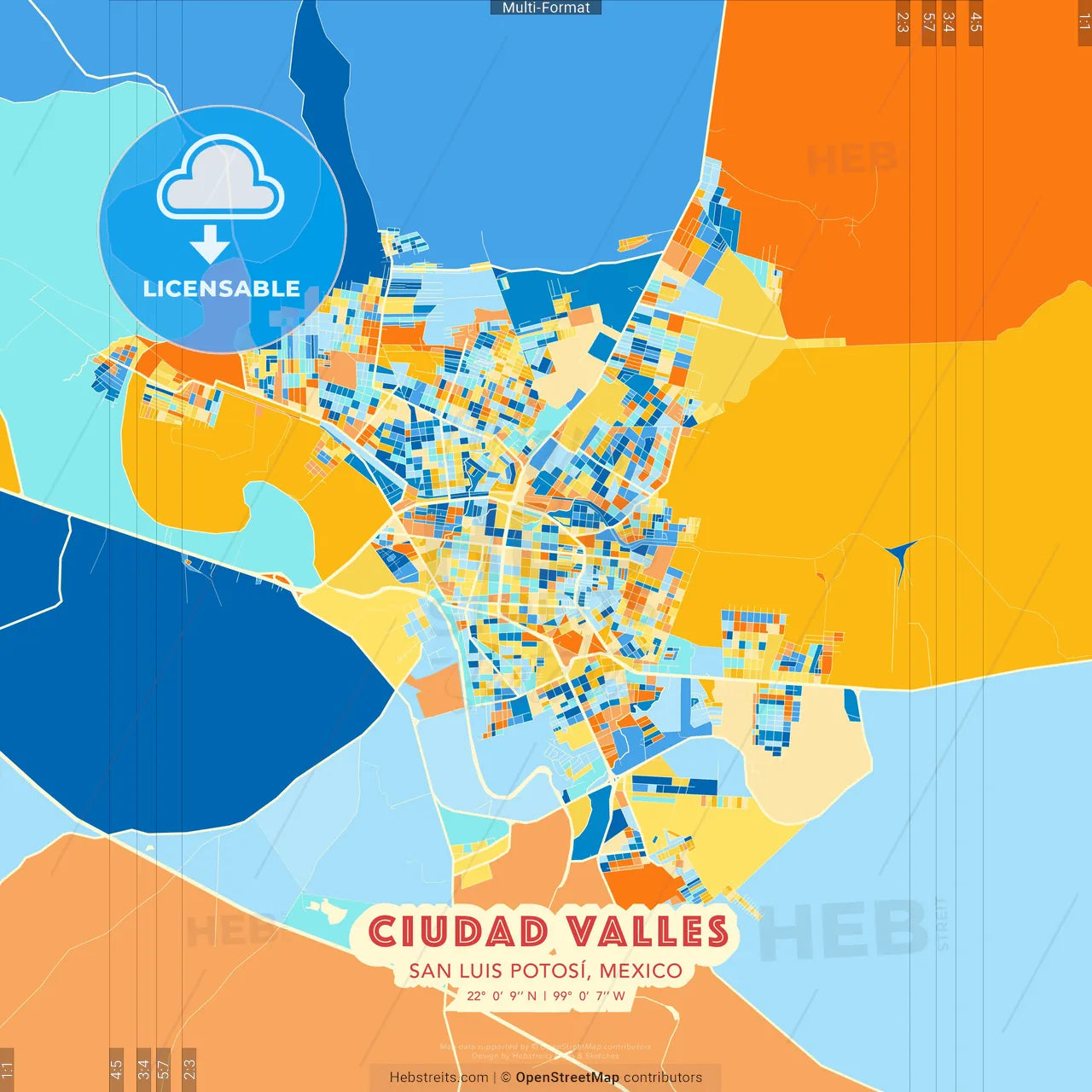 Ciudad Valles, San Luis Potosí, Mexico blue and orange vector art map template