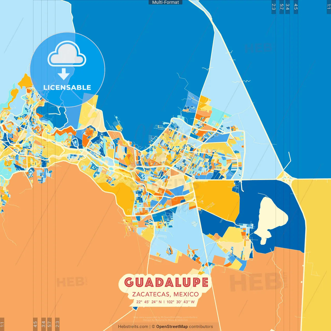 Guadalupe, Zacatecas, Mexico blue and orange vector art map template
