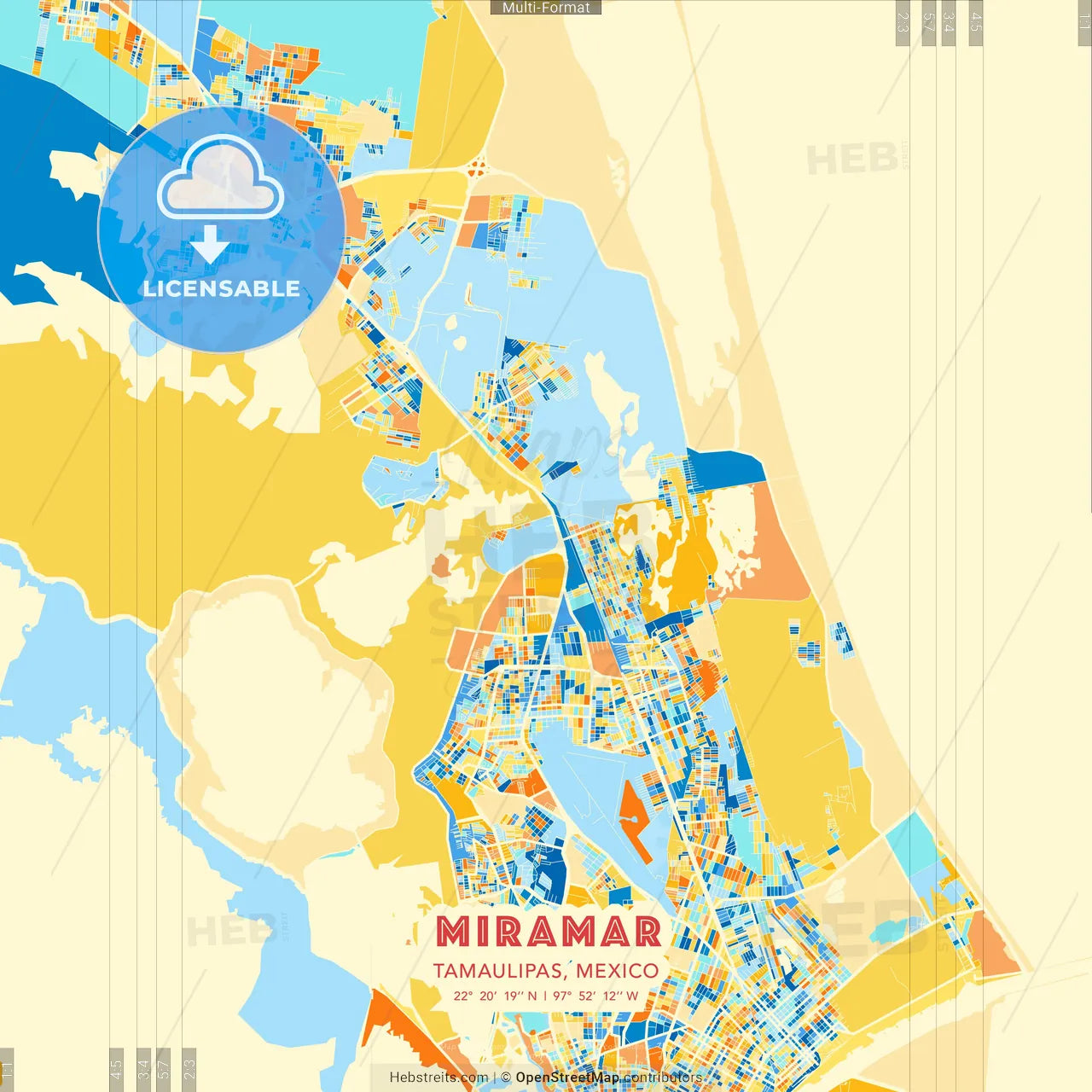 Miramar, Tamaulipas, Mexico blue and orange vector art map template