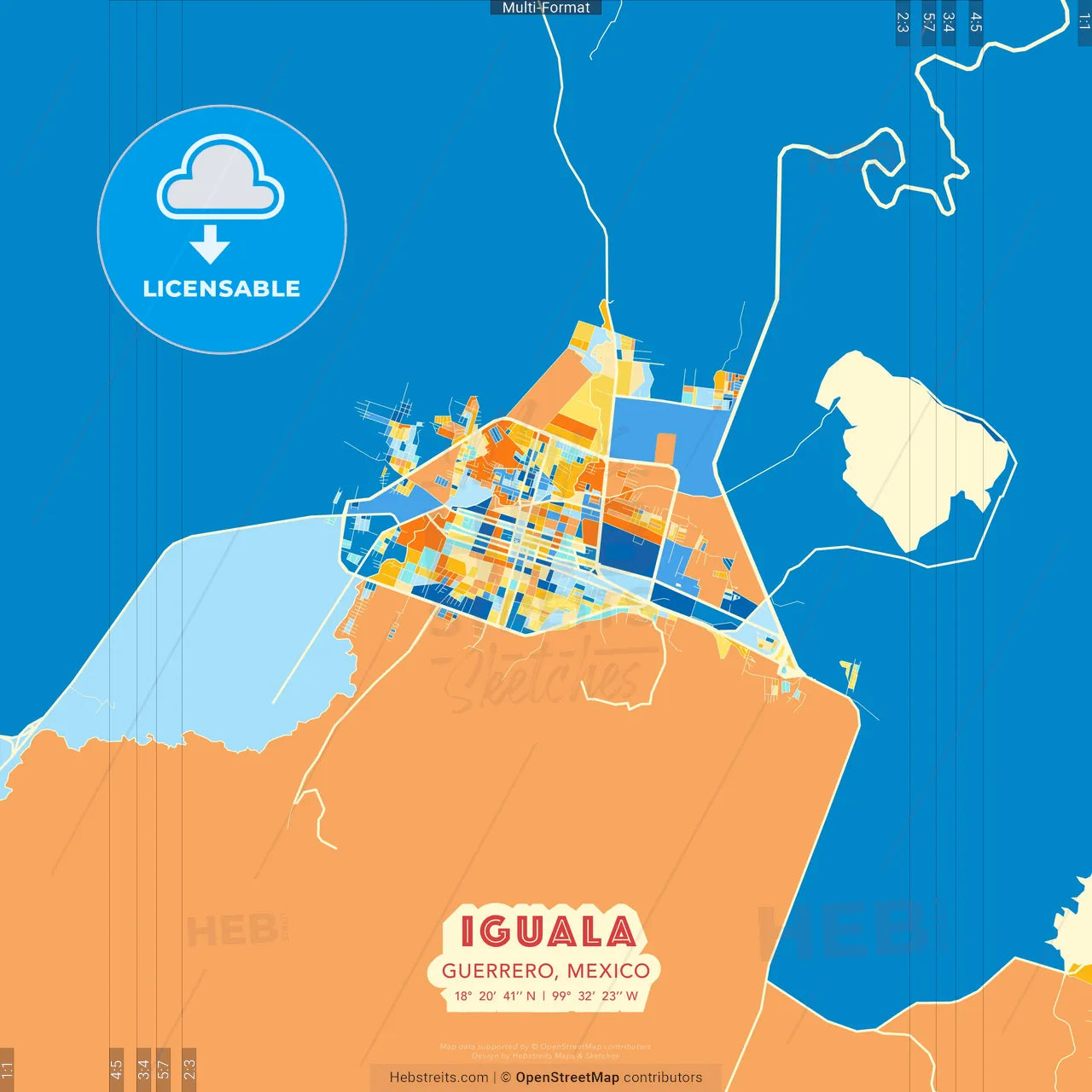 Iguala, Guerrero, Mexico blue and orange vector art map template