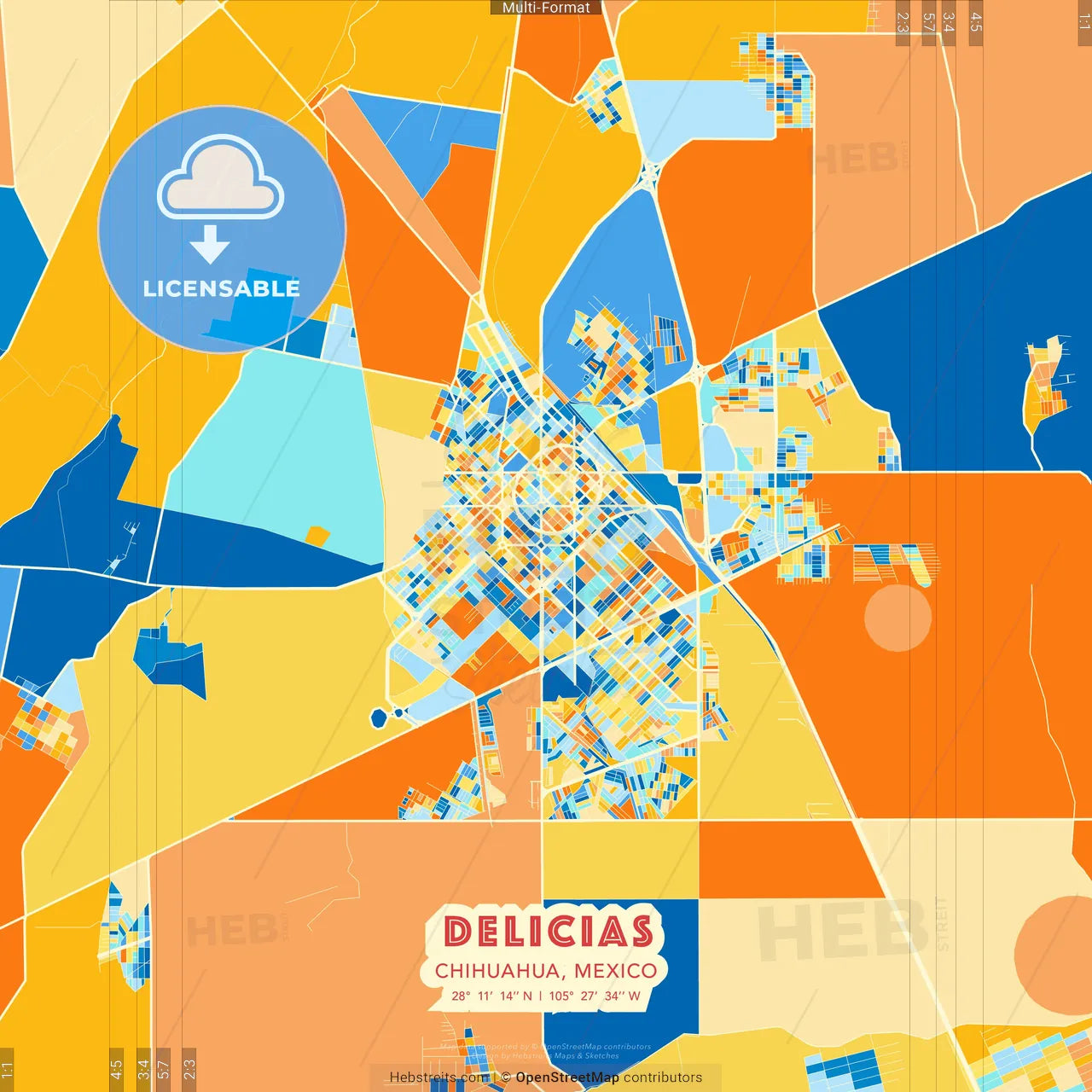 Delicias, Chihuahua, Mexico blue and orange vector art map template