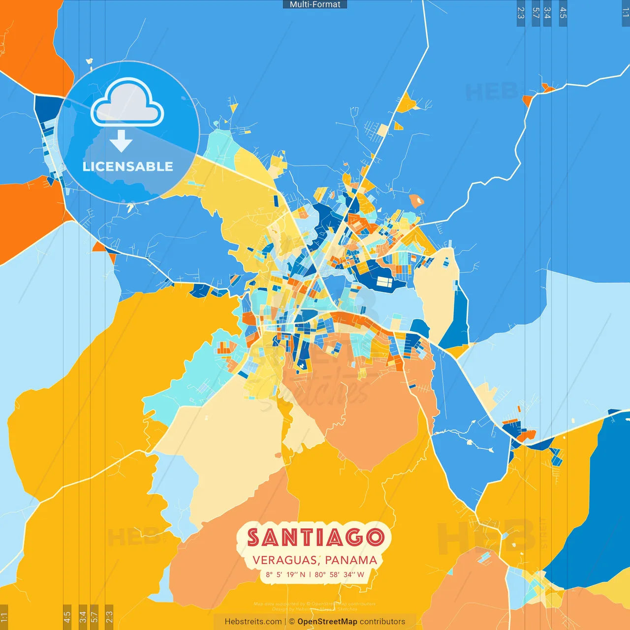 Santiago, Veraguas, Panama blue and orange vector art map template