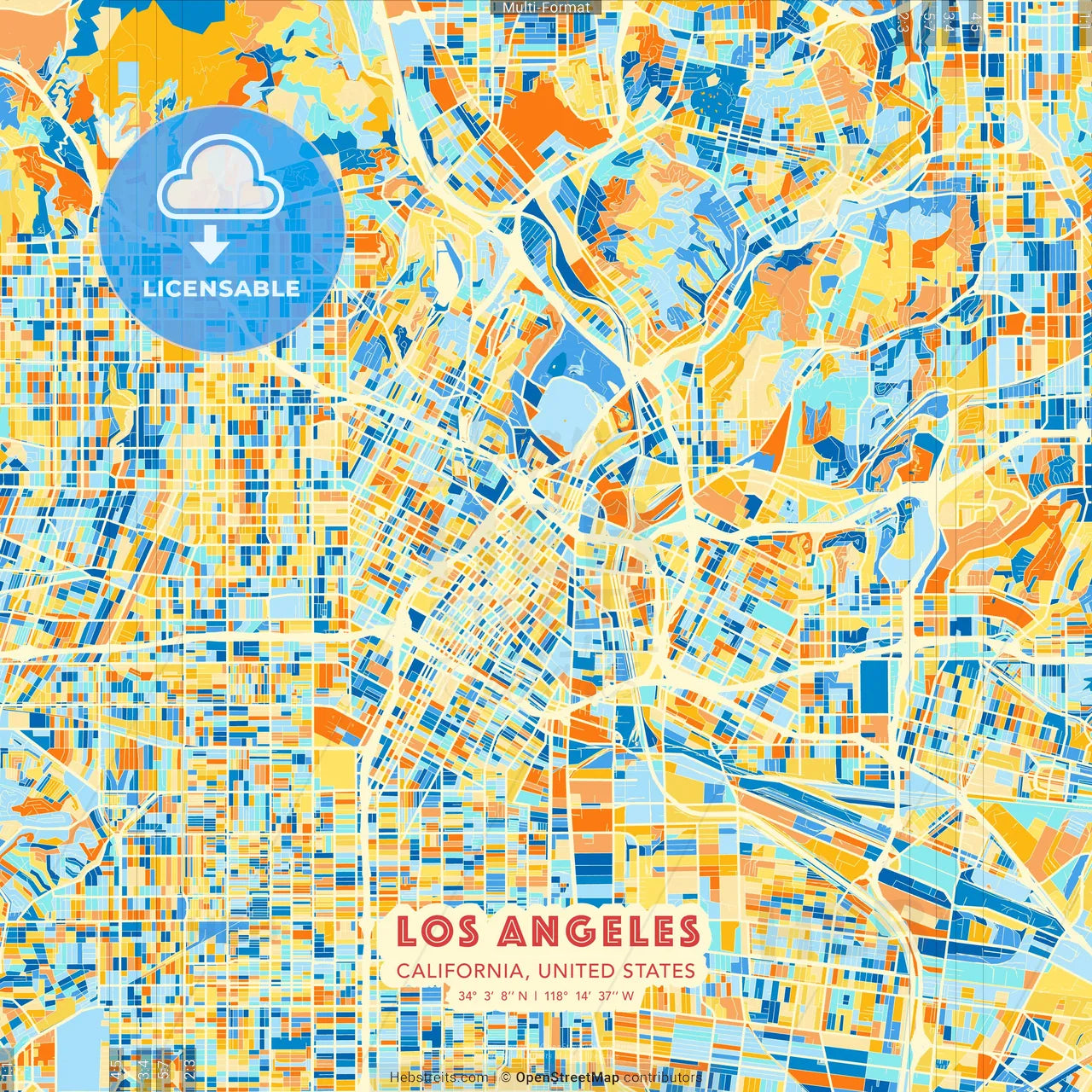 Los Angeles, California, United States blue and orange vector art map template