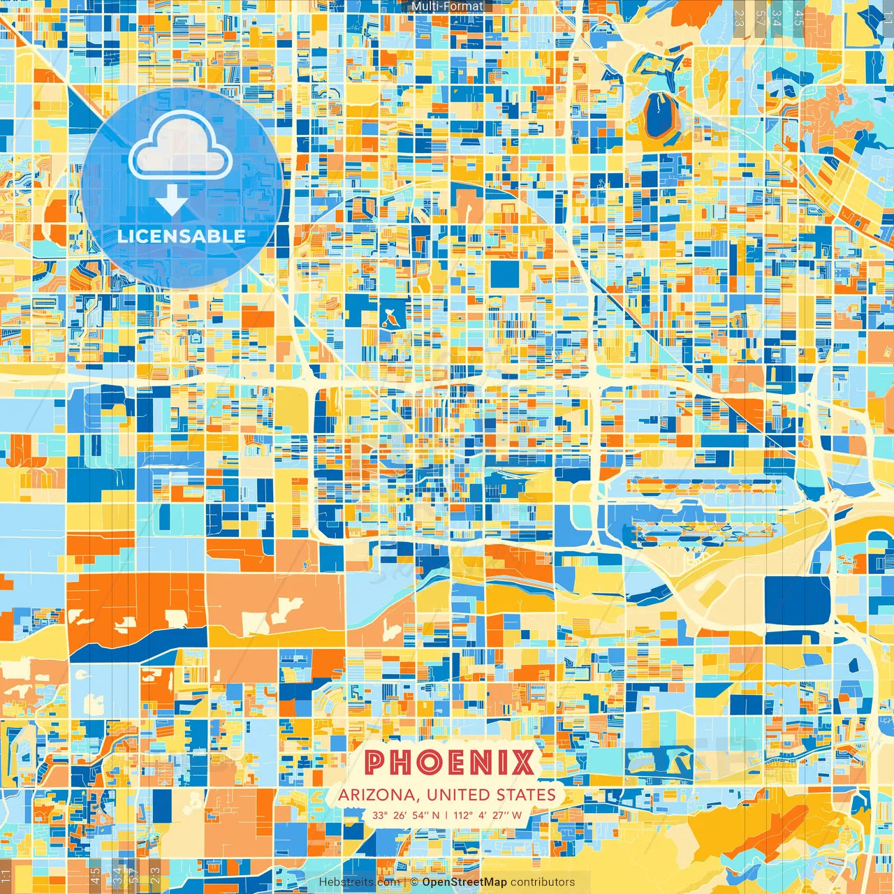 Phoenix, Arizona, United States blue and orange vector art map template