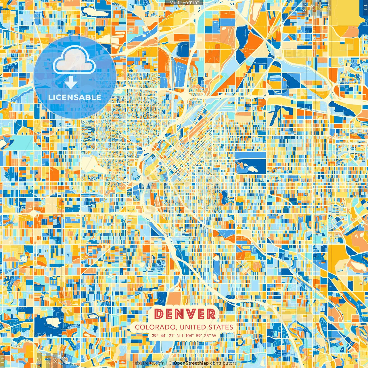Denver, Colorado, United States blue and orange vector art map template