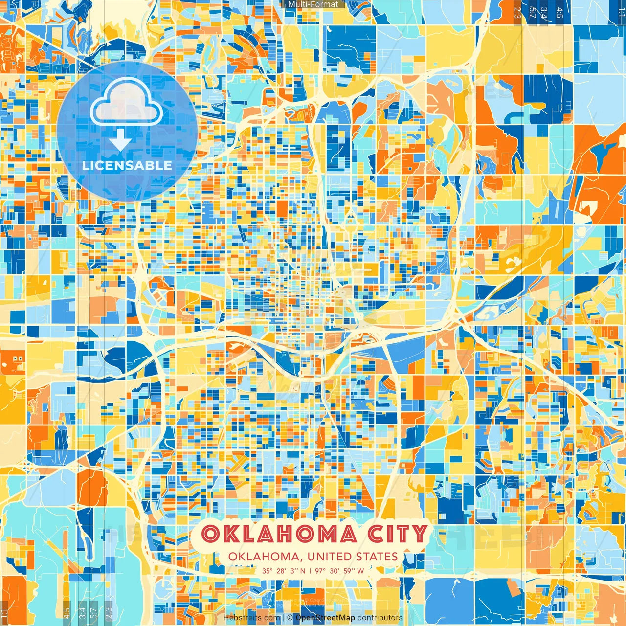 Oklahoma City, Oklahoma, United States blue and orange vector art map template