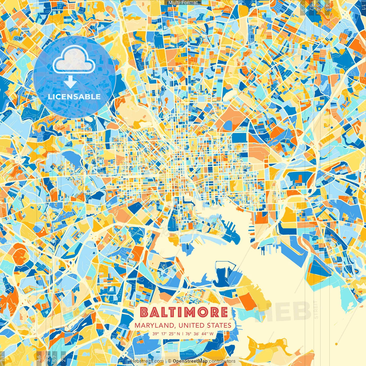 Baltimore, Maryland, United States blue and orange vector art map template