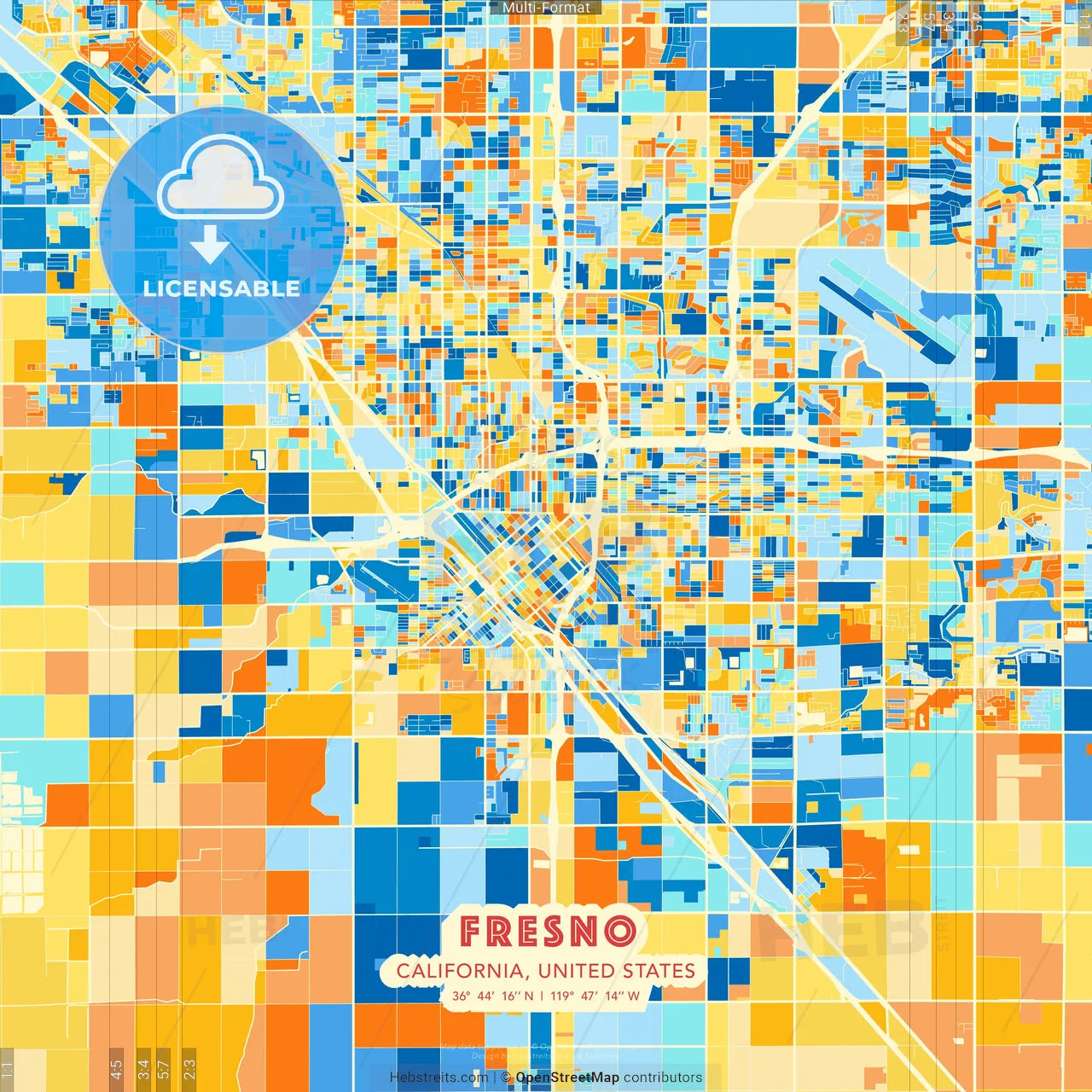 Fresno, California, United States blue and orange vector art map template