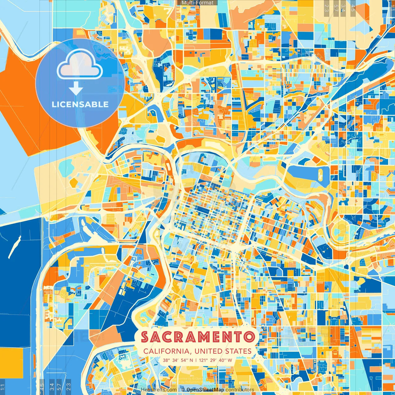 Sacramento, California, United States blue and orange vector art map template