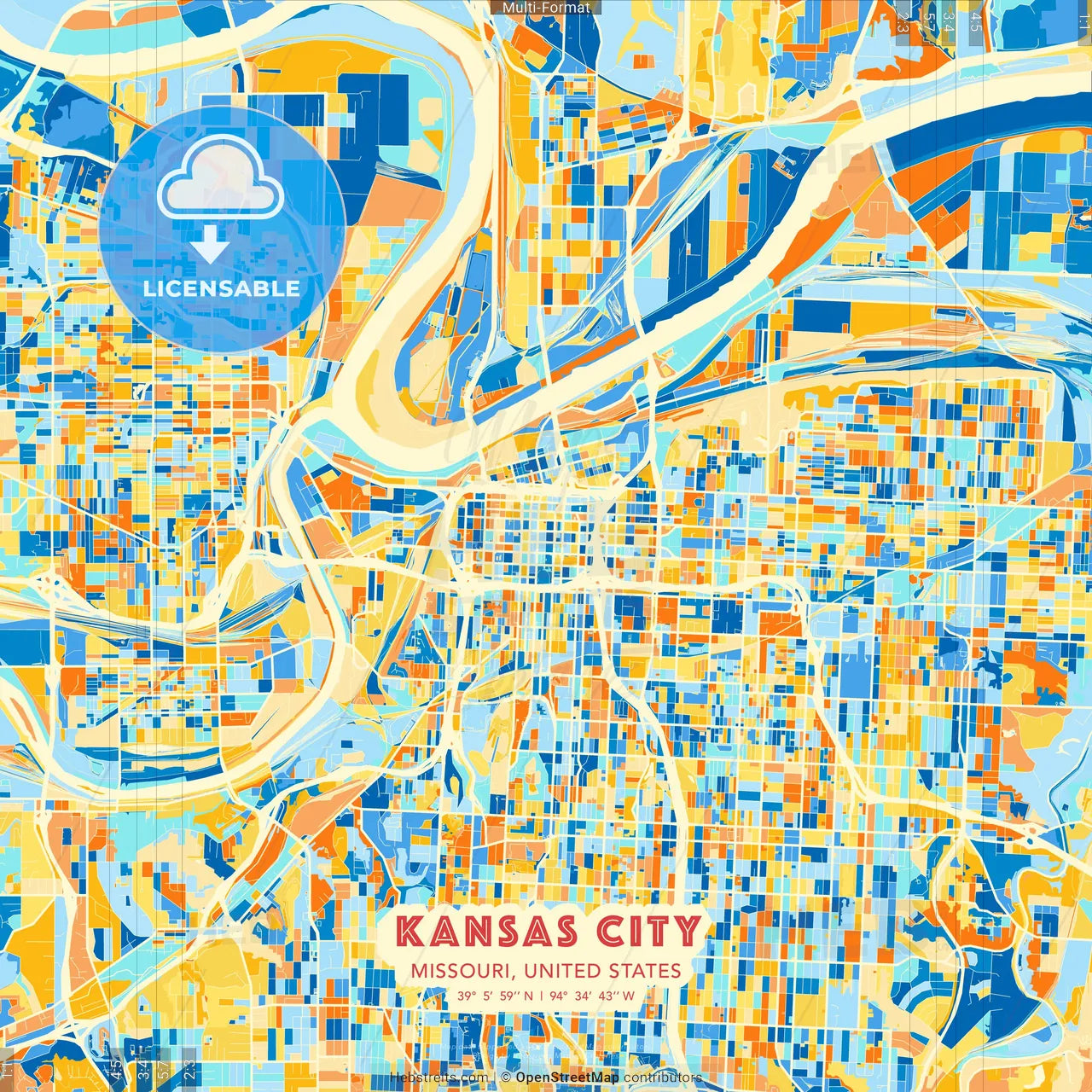 Kansas City, Missouri, United States blue and orange vector art map template