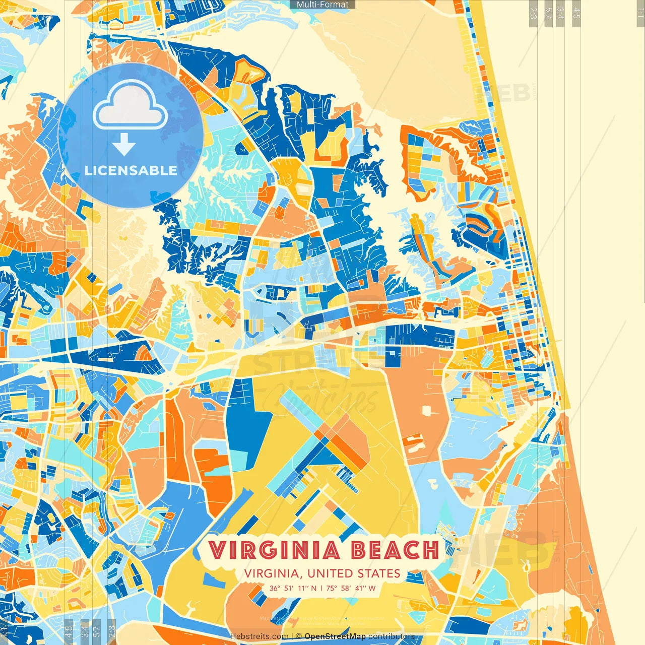 Virginia Beach, Virginia, United States blue and orange vector art map template