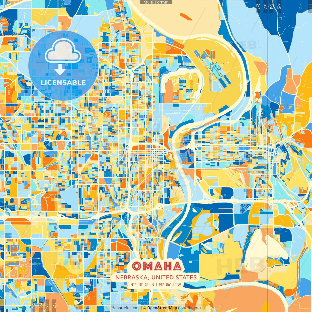 Omaha, Nebraska, United States blue and orange vector art map template