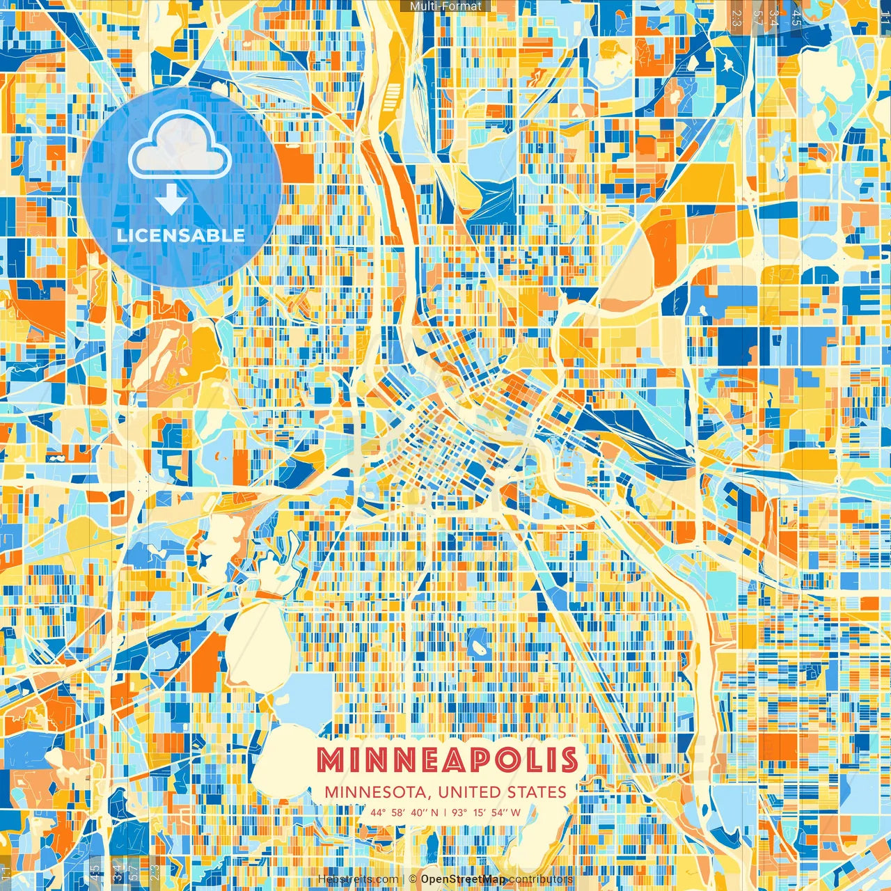 Minneapolis, Minnesota, United States blue and orange vector art map template