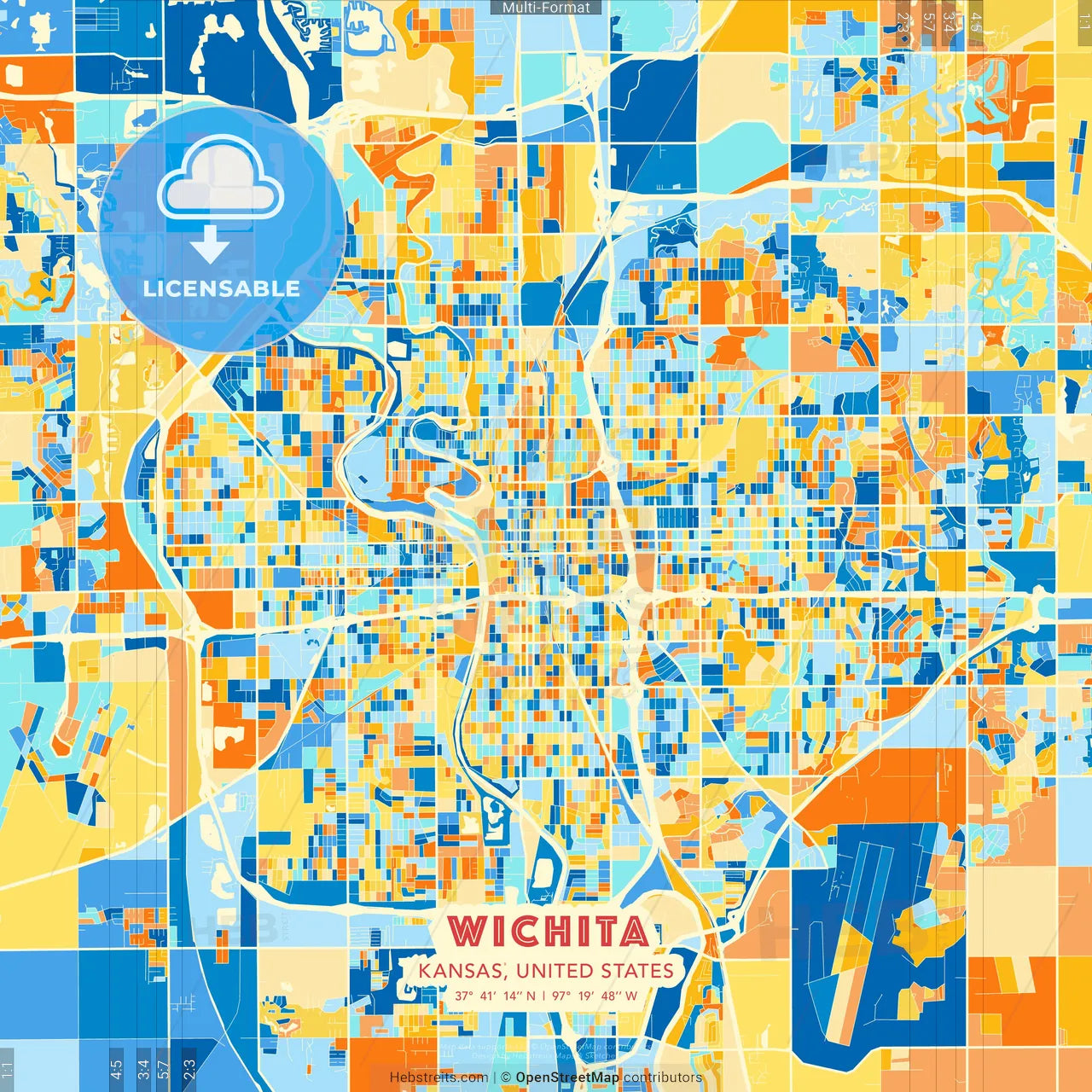 Wichita, Kansas, United States blue and orange vector art map template
