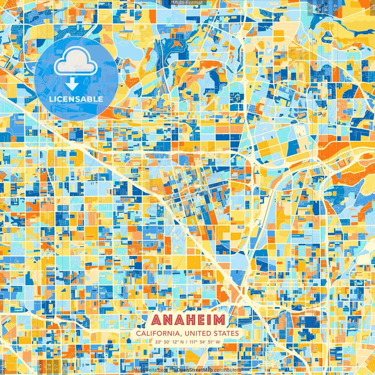 Anaheim, California, United States blue and orange vector art map template