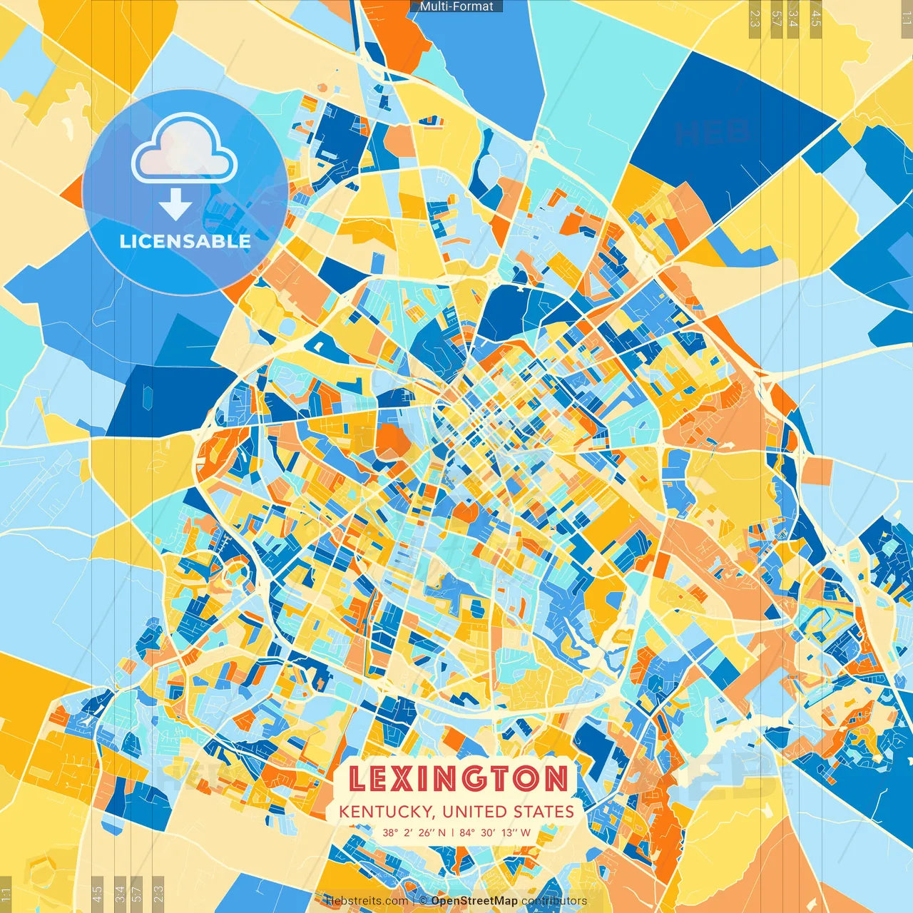 Lexington, Kentucky, United States blue and orange vector art map template