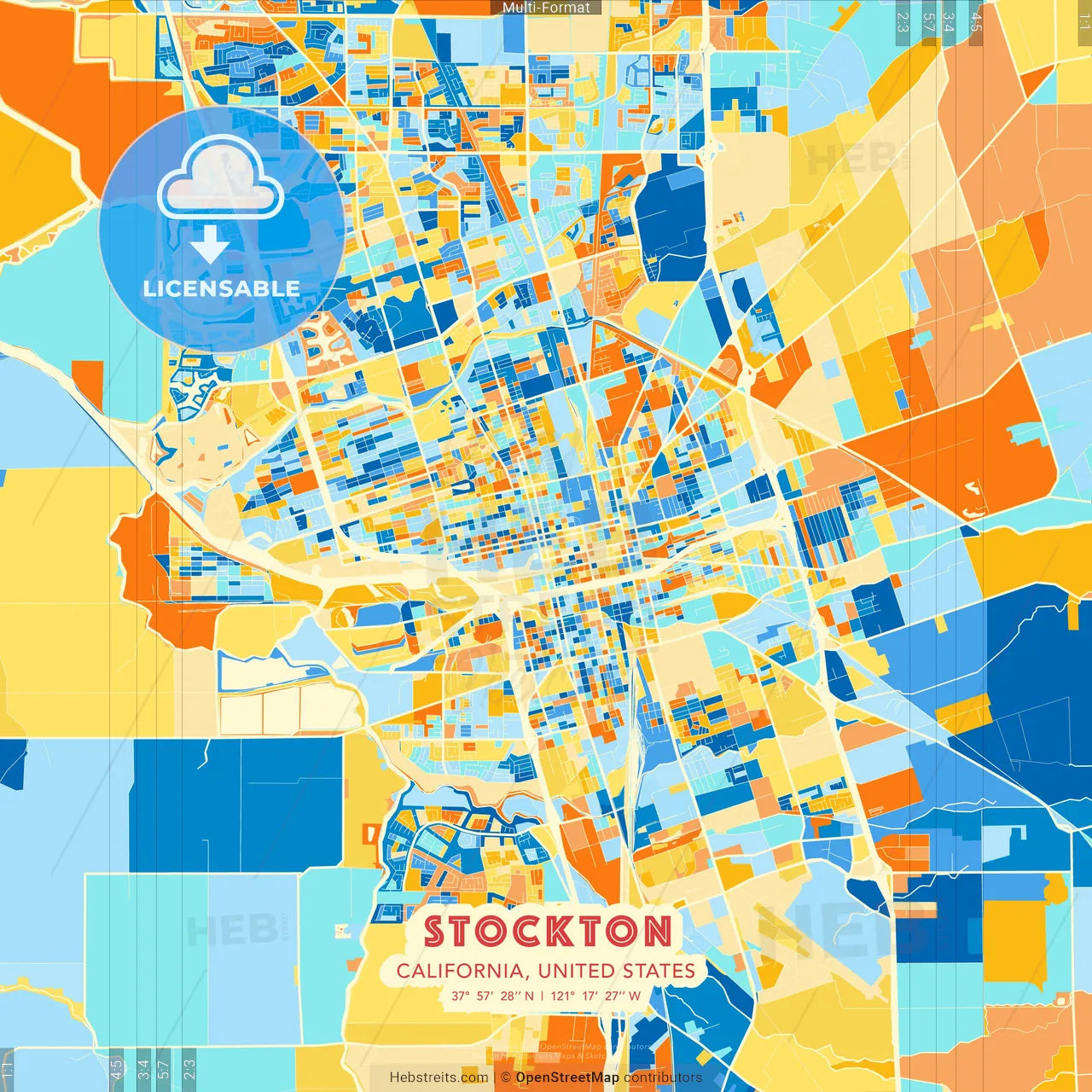 Stockton, California, United States blue and orange vector art map template