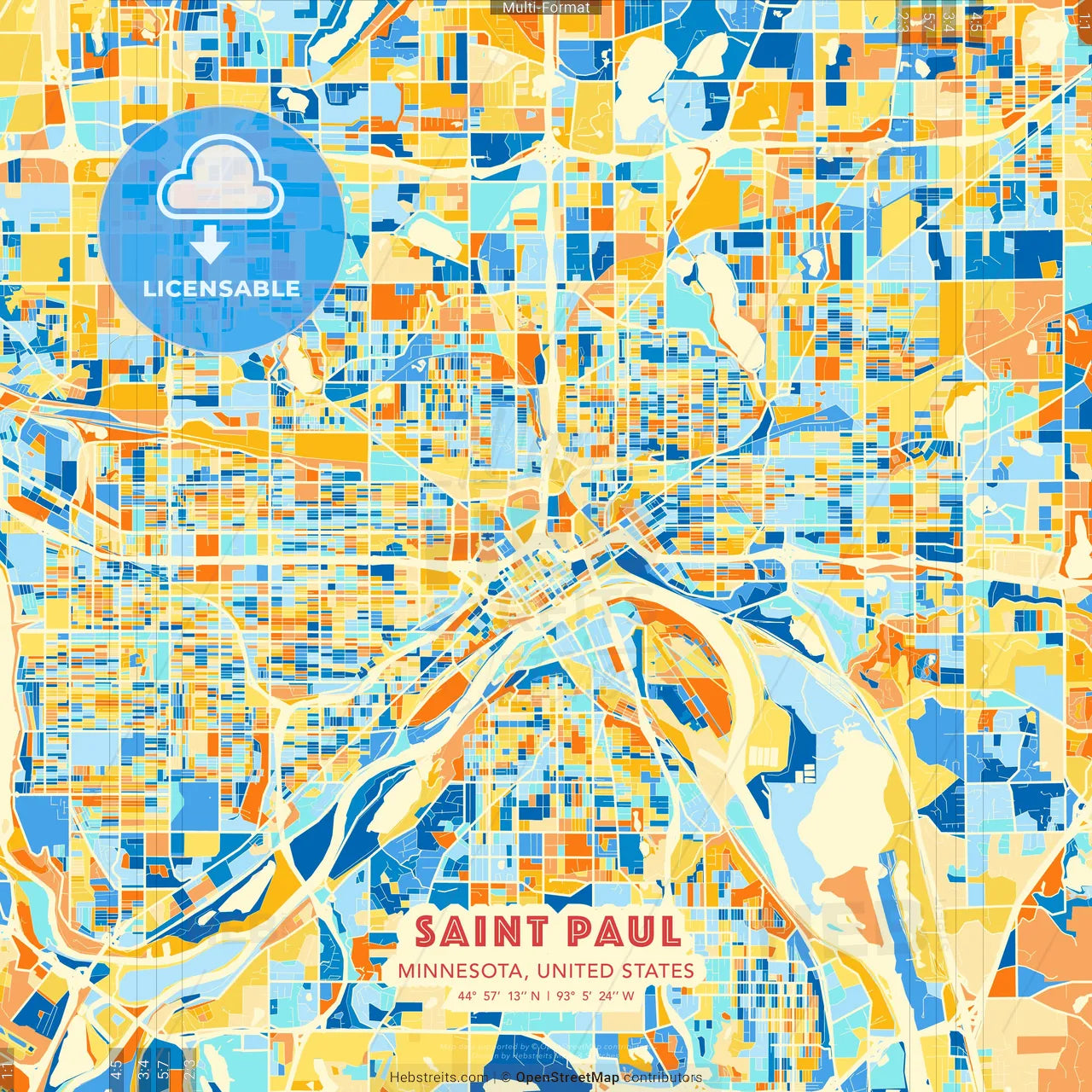 Saint Paul, Minnesota, United States blue and orange vector art map template