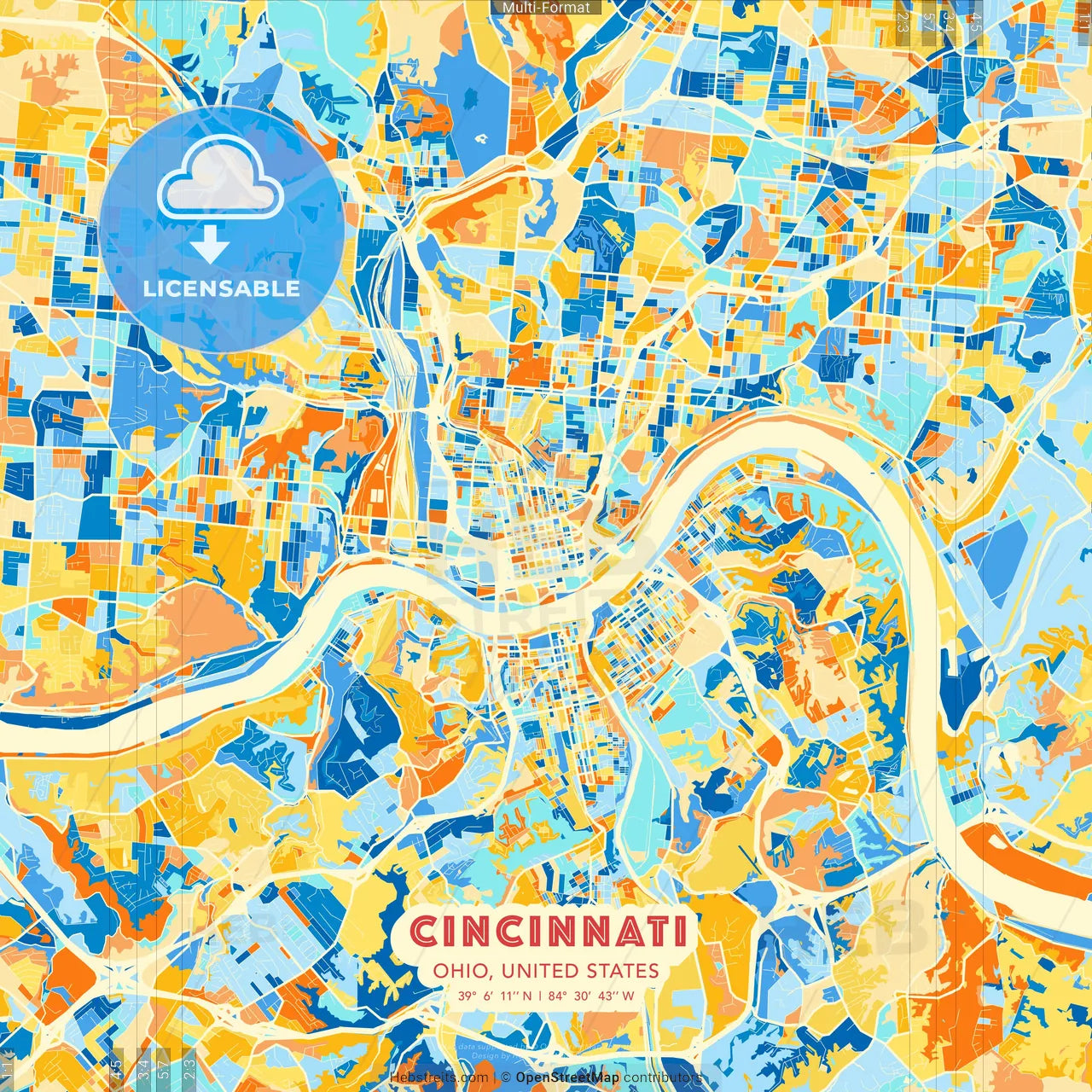 Cincinnati, Ohio, United States blue and orange vector art map template