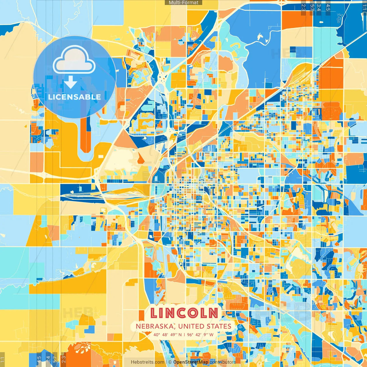 Lincoln, Nebraska, United States blue and orange vector art map template