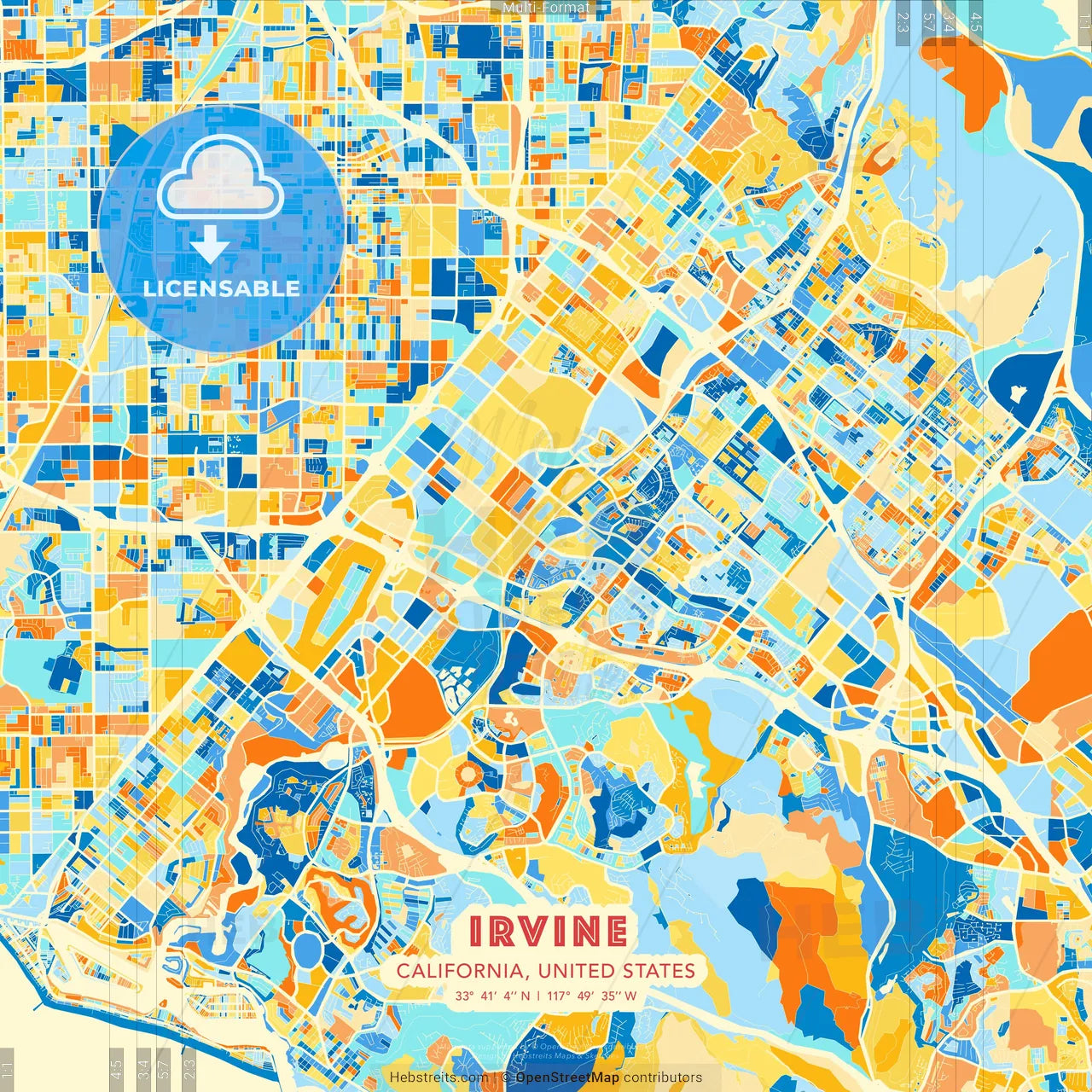 Irvine, California, United States blue and orange vector art map template