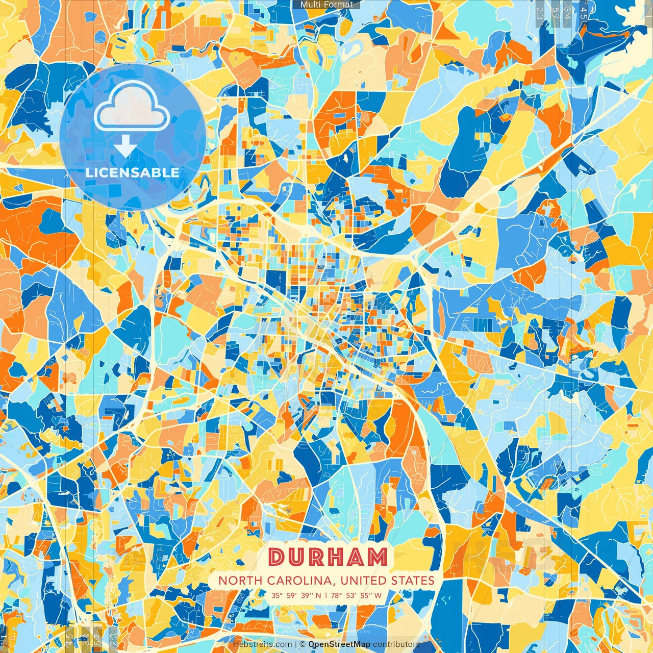 Durham, North Carolina, United States blue and orange vector art map template